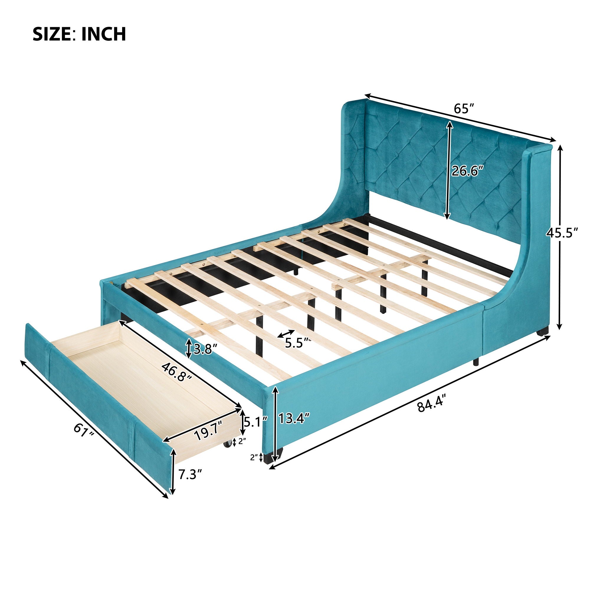 Storage Bed Velvet Upholstered Platform Bed With Wingback Headboard And A Big Drawer