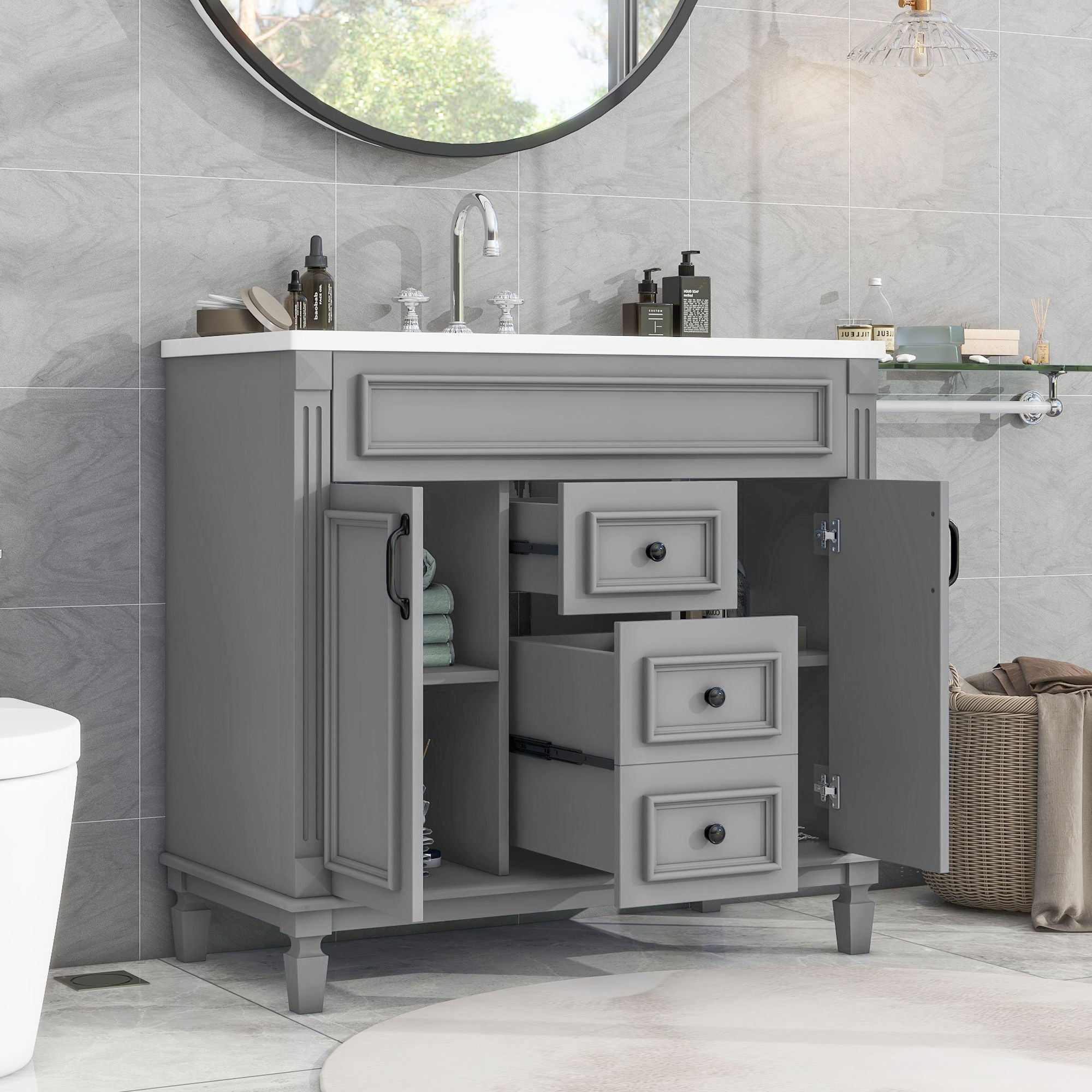 Bathroom Vanity With Top Sink, Basin On Cabinet With 2 Soft Closing Doors And 2 Drawers