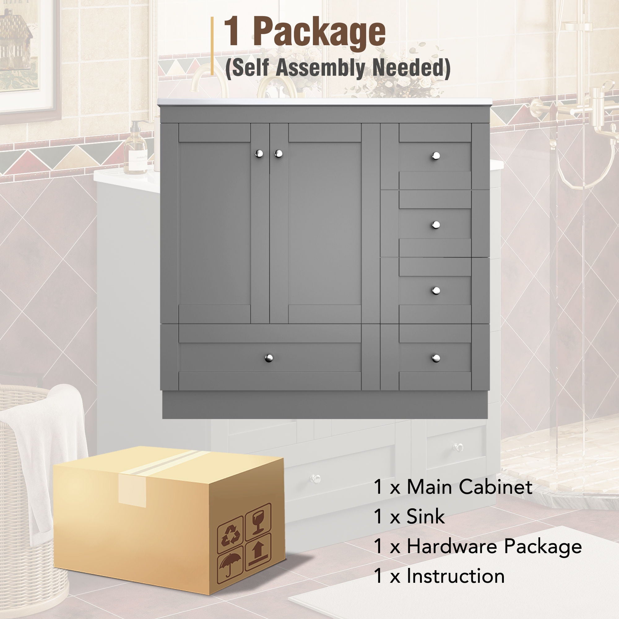 36" Shaker Free Standing Bathroom Vanity Cabinet With Sink, Soft Close Drawers, Soft Close Doors - Gray