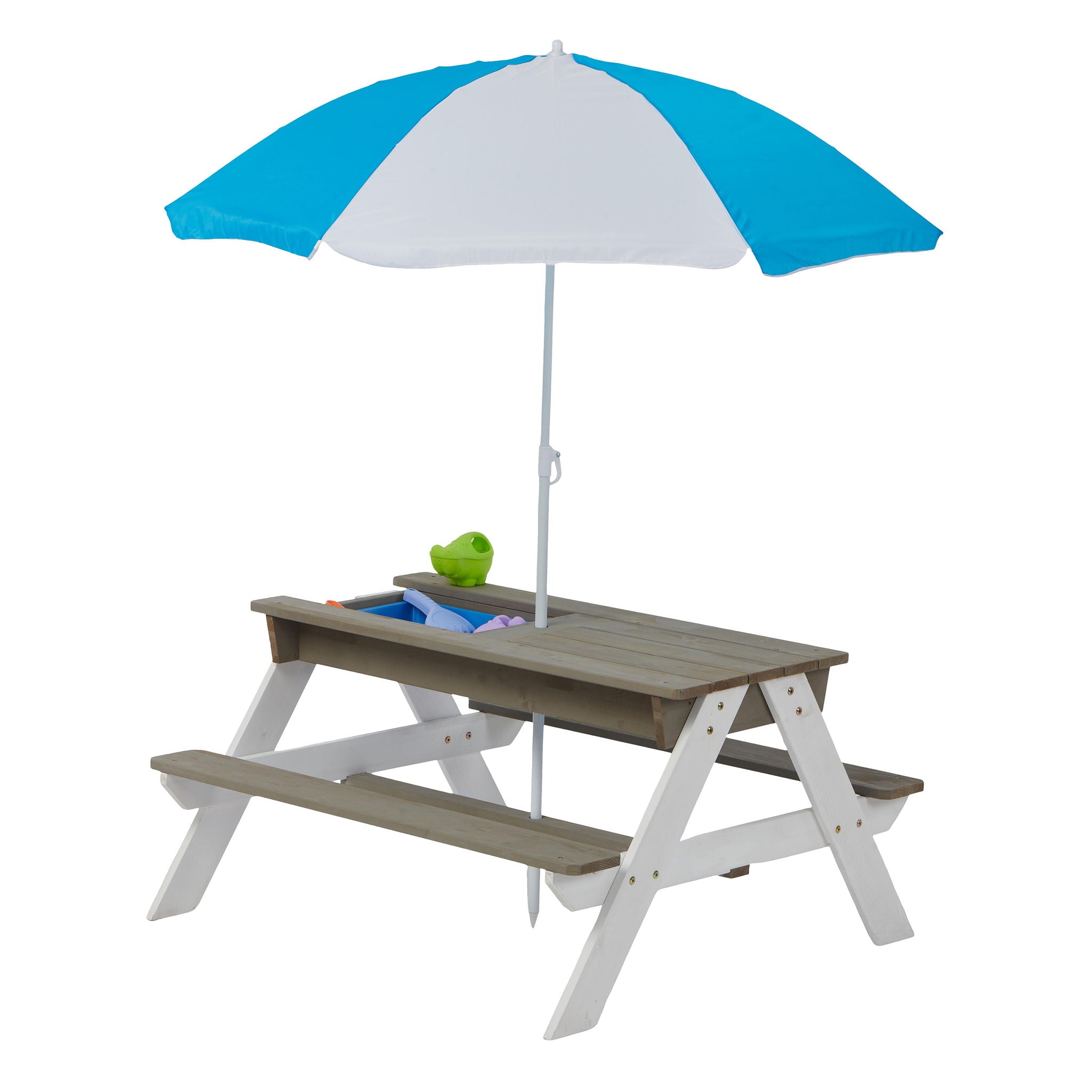 Wooden Kids Picnic Table, Sand And Water Table With Umbrella, Activity Table For Outdoor Backyard Patio Play - White / Gray