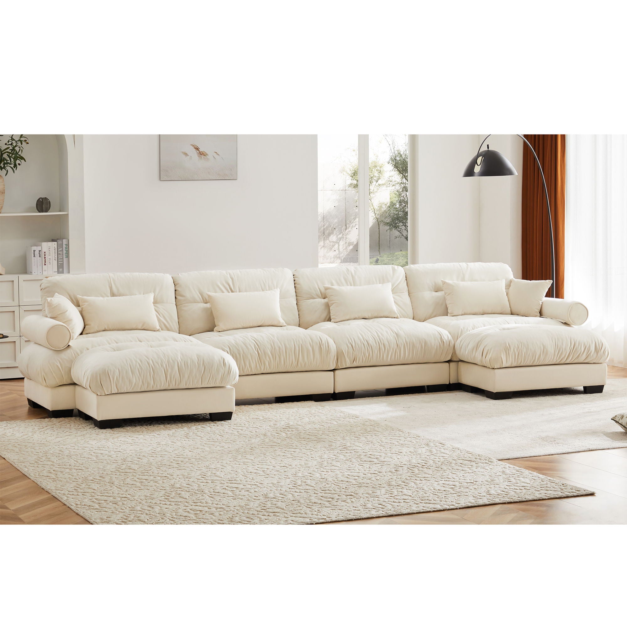 Modern Sectional Sofa With Ottoman, Round Bolster Armrests, Waist And Throw Pillows