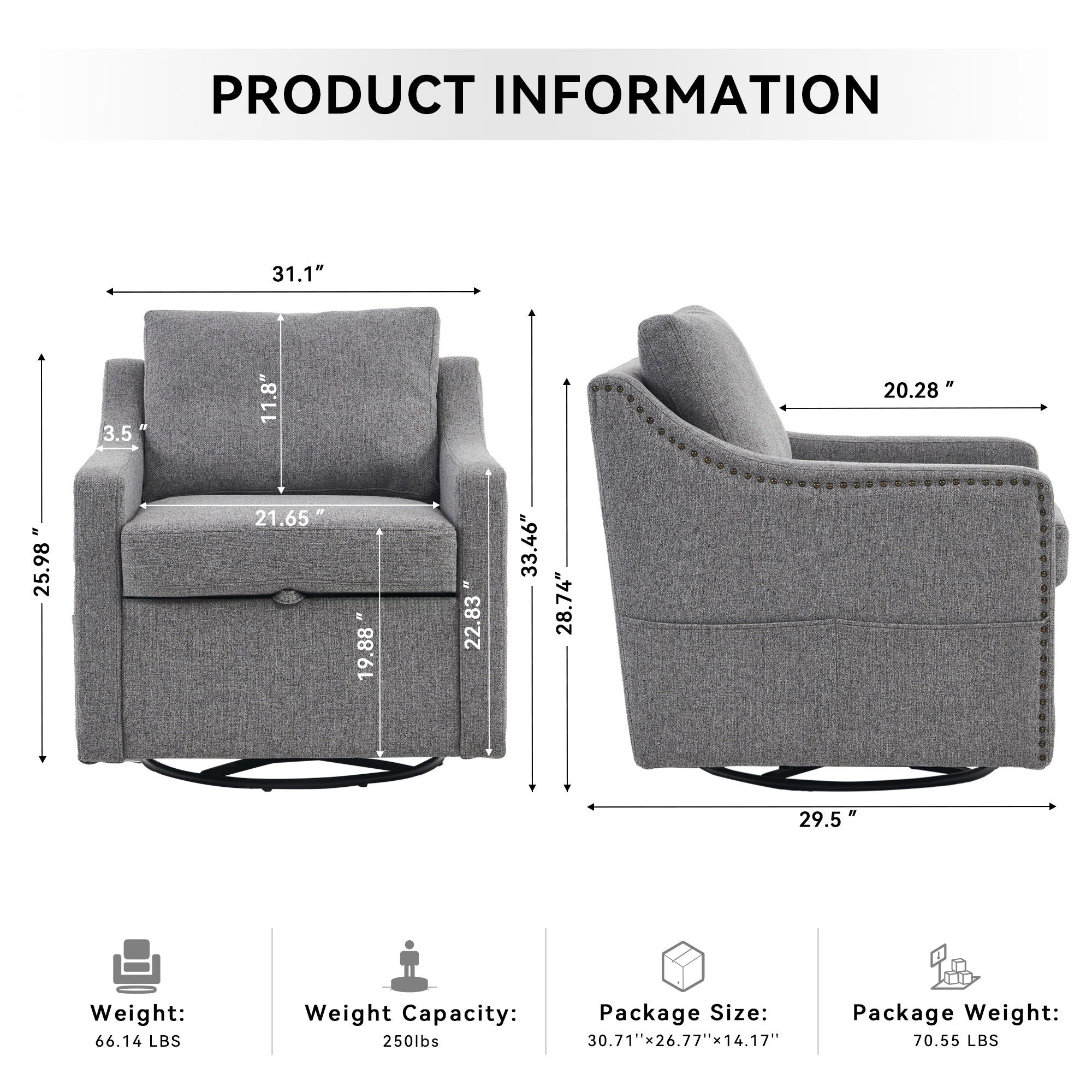 Linen Fabric 360° Swivel Accent Chair With Upholstered Back Pillow And Rivet Armrest