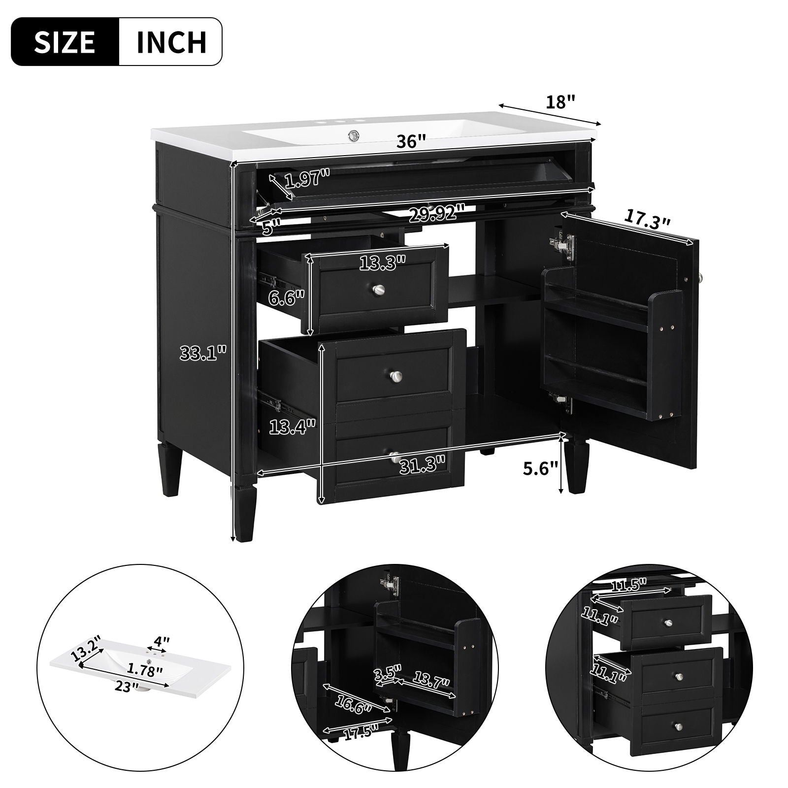 Bathroom Vanity With Top Sink, Storage Cabinet With 2 Drawers And Tip Out Drawer