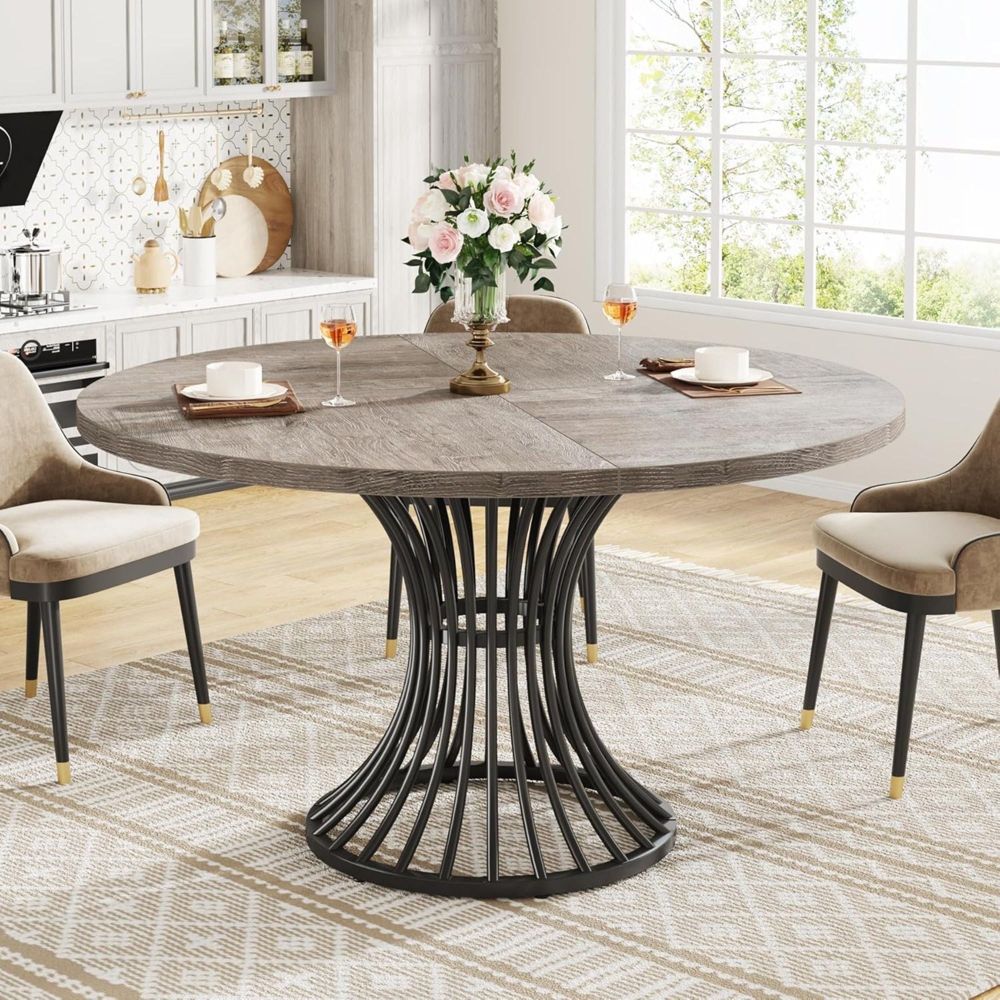 Round Dining Table For 4 - 6, (Table Only) - Gray / Black