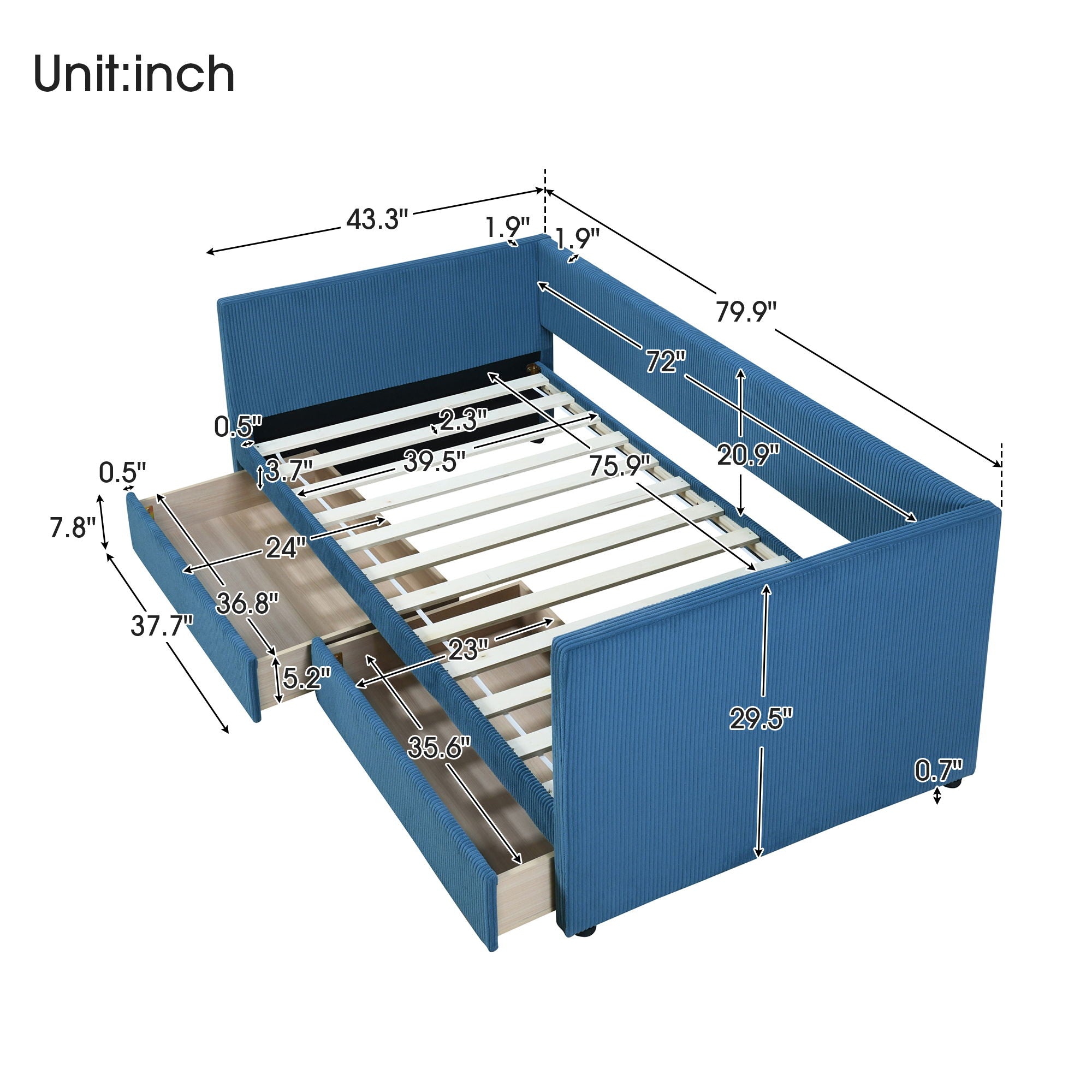 Corduroy Daybed With Two Drawers And Wood Slat