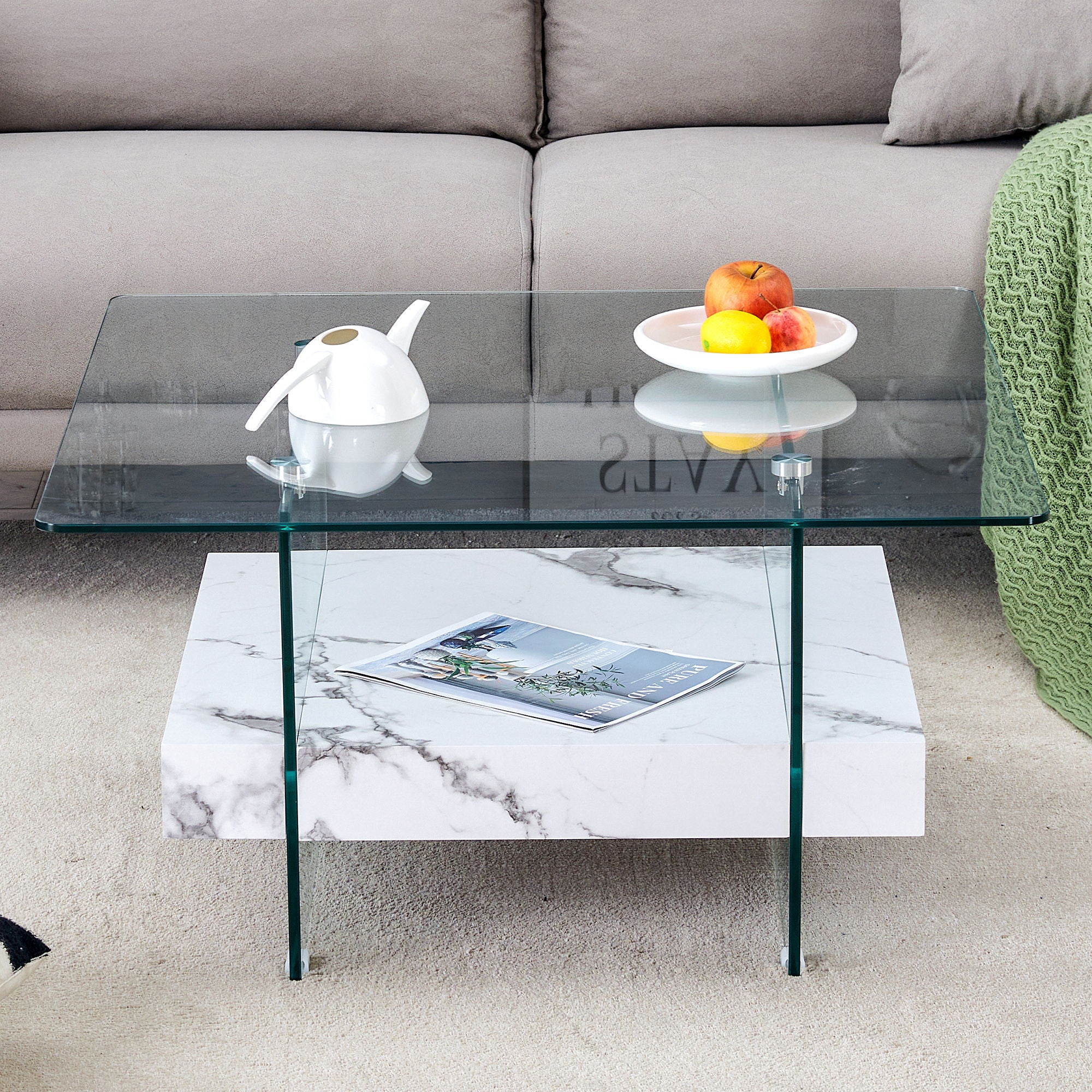 Modern 2 Tier Square Coffee Table, Elegant Marble Pattern