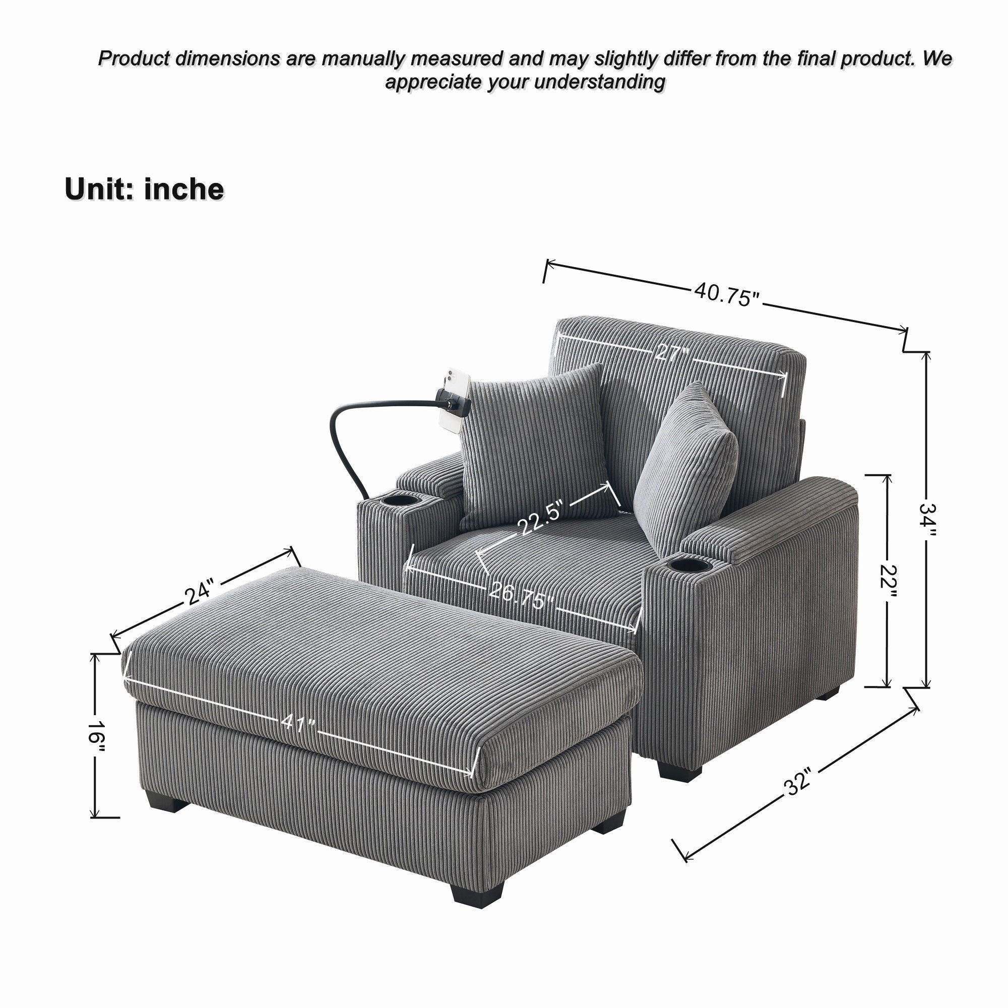 Comfy Corduroy Oversized Chaise Lounge Chair With Ottoman And Storage