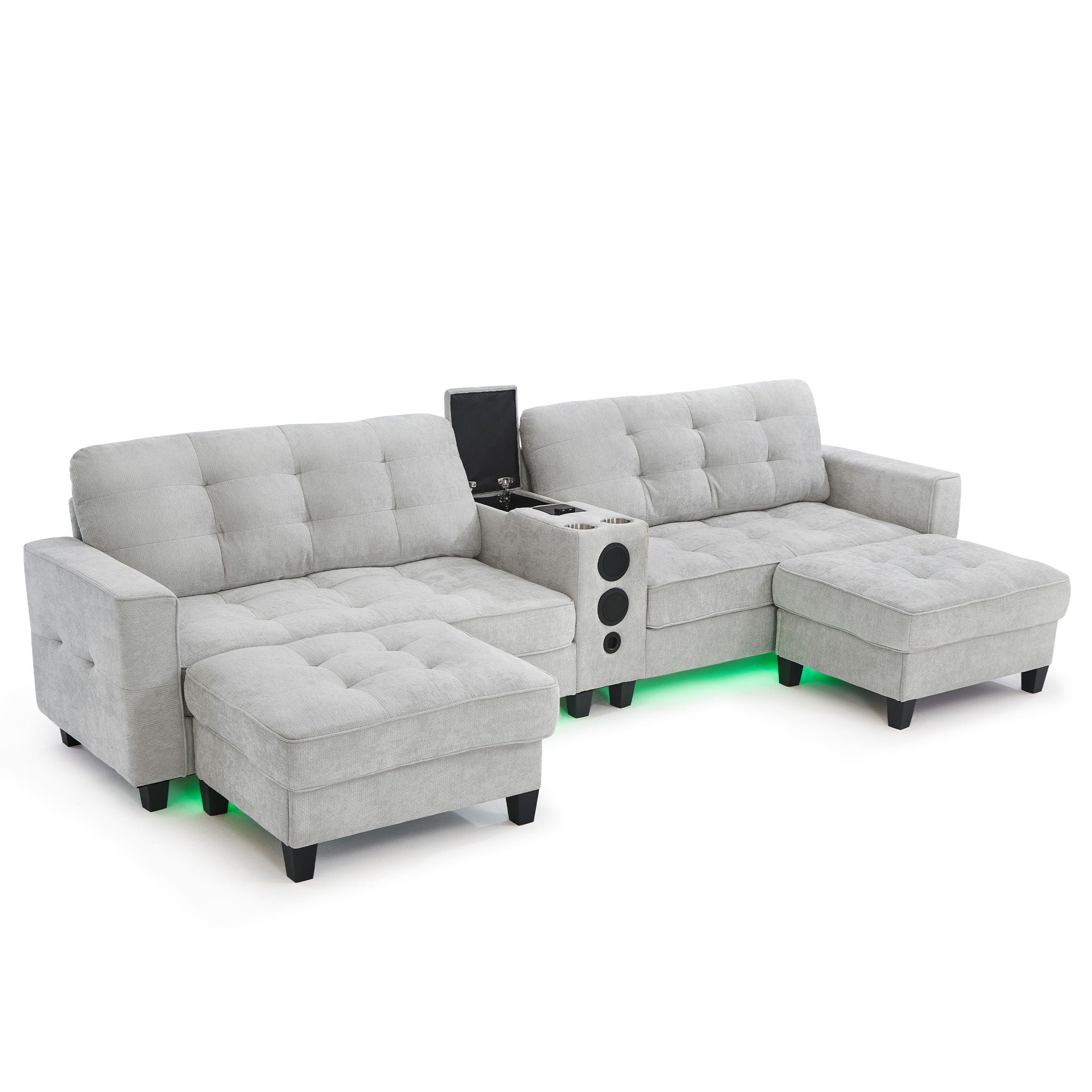 Modern Sectional Sofa U-Shaped With Movable Ottomans, Bluetooth Speakers, LED Lights And Modular Storage