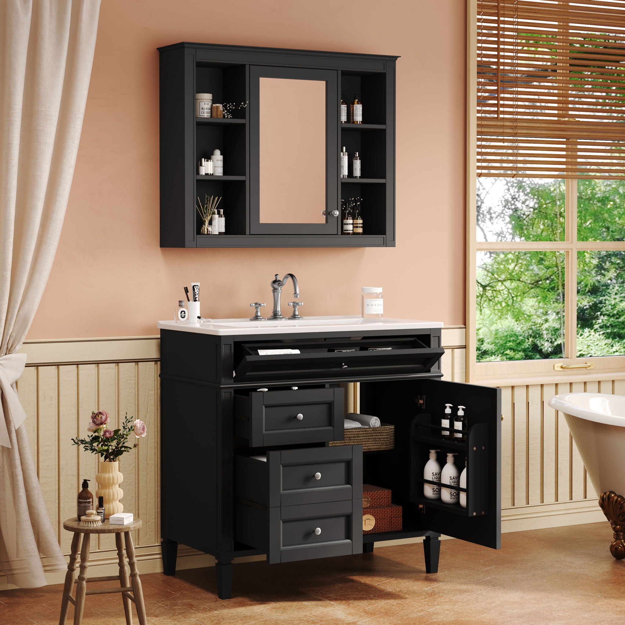 Bathroom Vanity With Mirror Cabinet, Storage Cabinet With 2 Soft Closing Doors And 4 Drawers, Undermount Sink