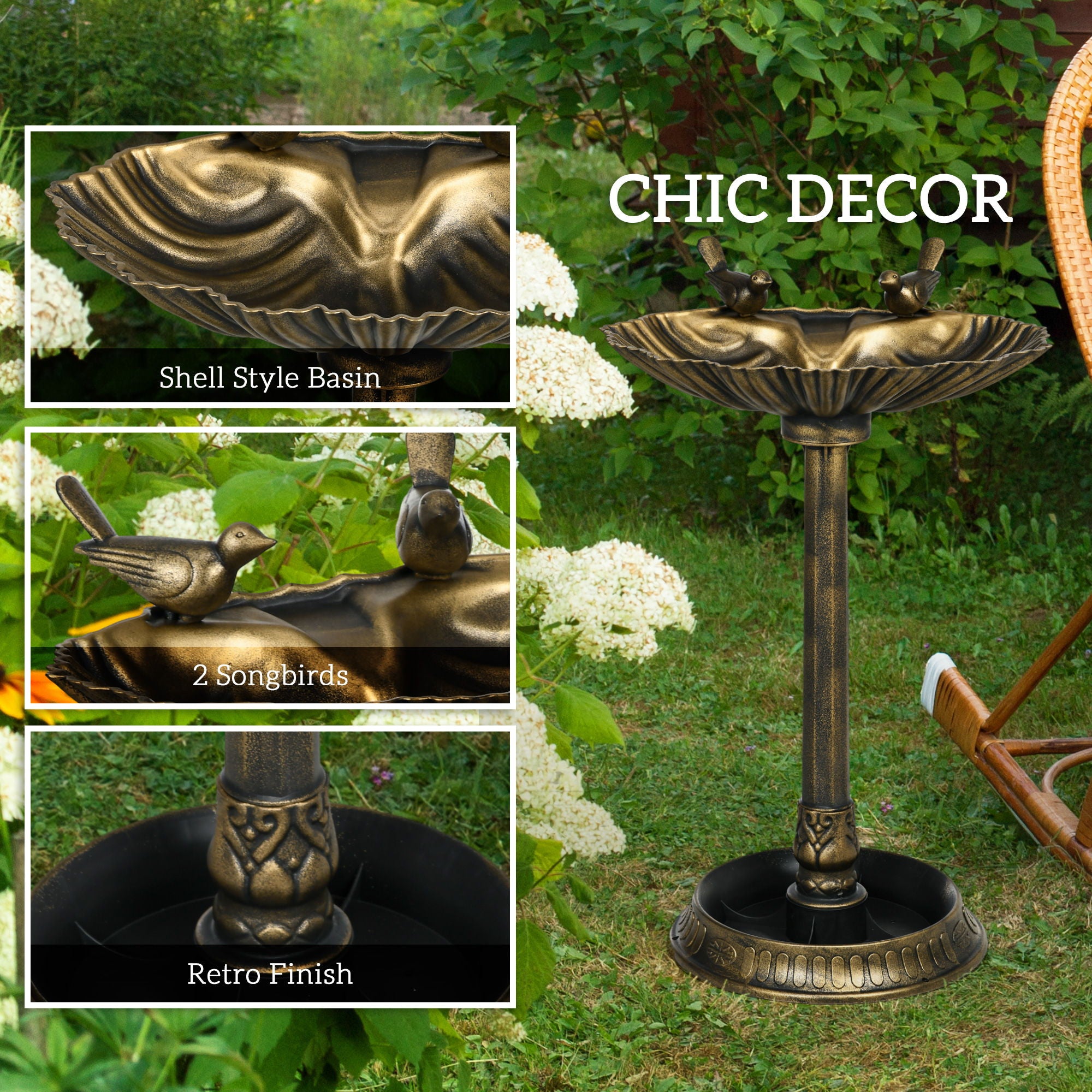 Outsunny - Antique Bird Bath With Pedestal Flower Planter Base, Vintage Style Decorative Birdbath, Bird Feeder Bowl & Planter Decoration Yard Statue - Bronze