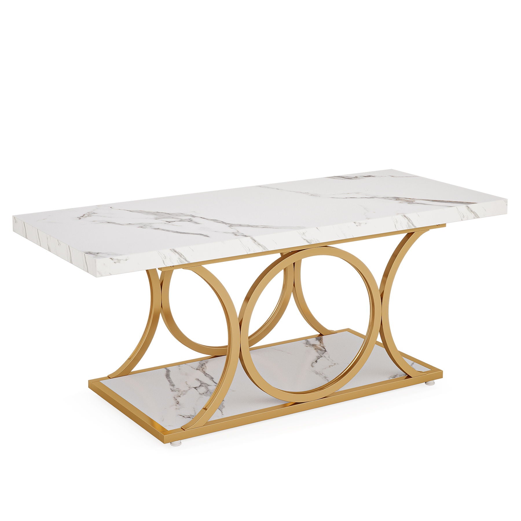 Rectangle Coffee Table, 2 Tier With Geometric Legs, Furniture With Storage Shelf - White / Gold