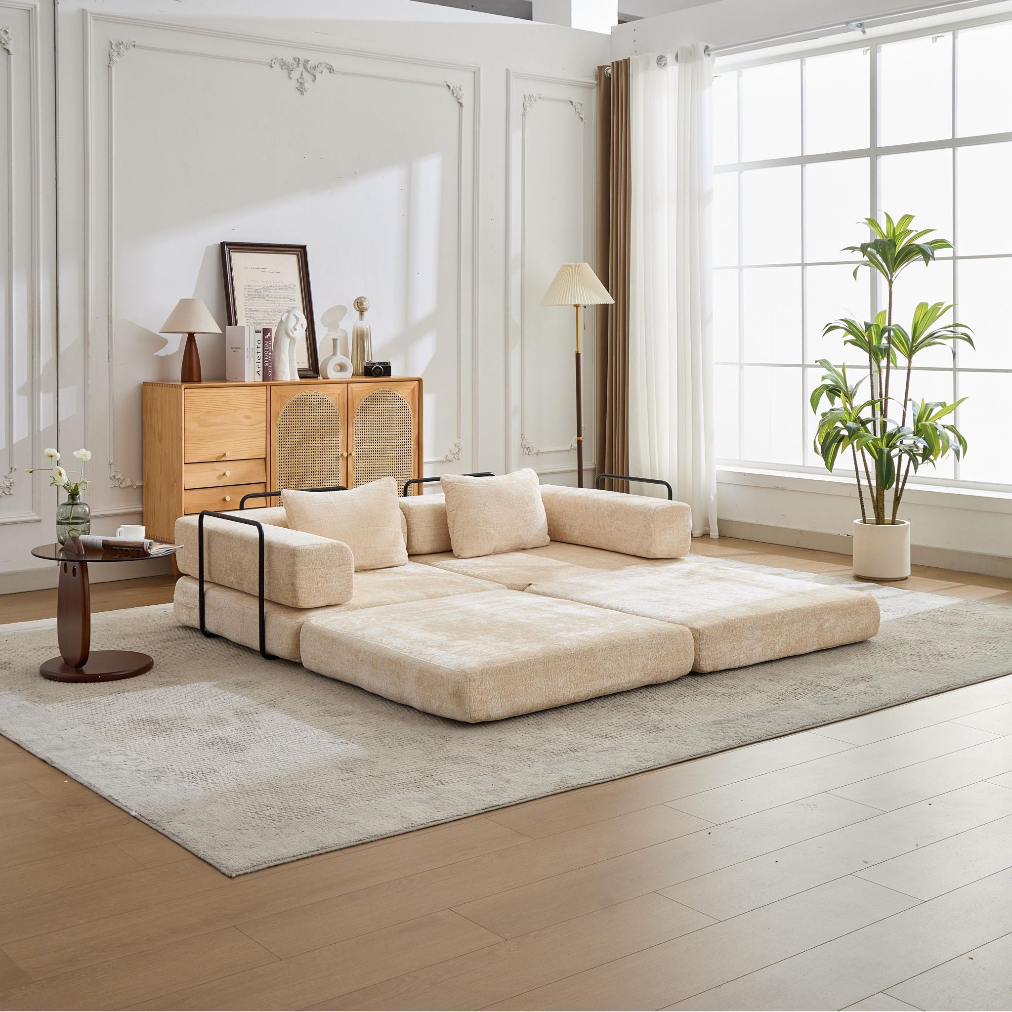 Convertible Floor Sofa Bed With Fixed Shape Frame, Loveseats Boneless Modular Sectional, For Living Room - Beige
