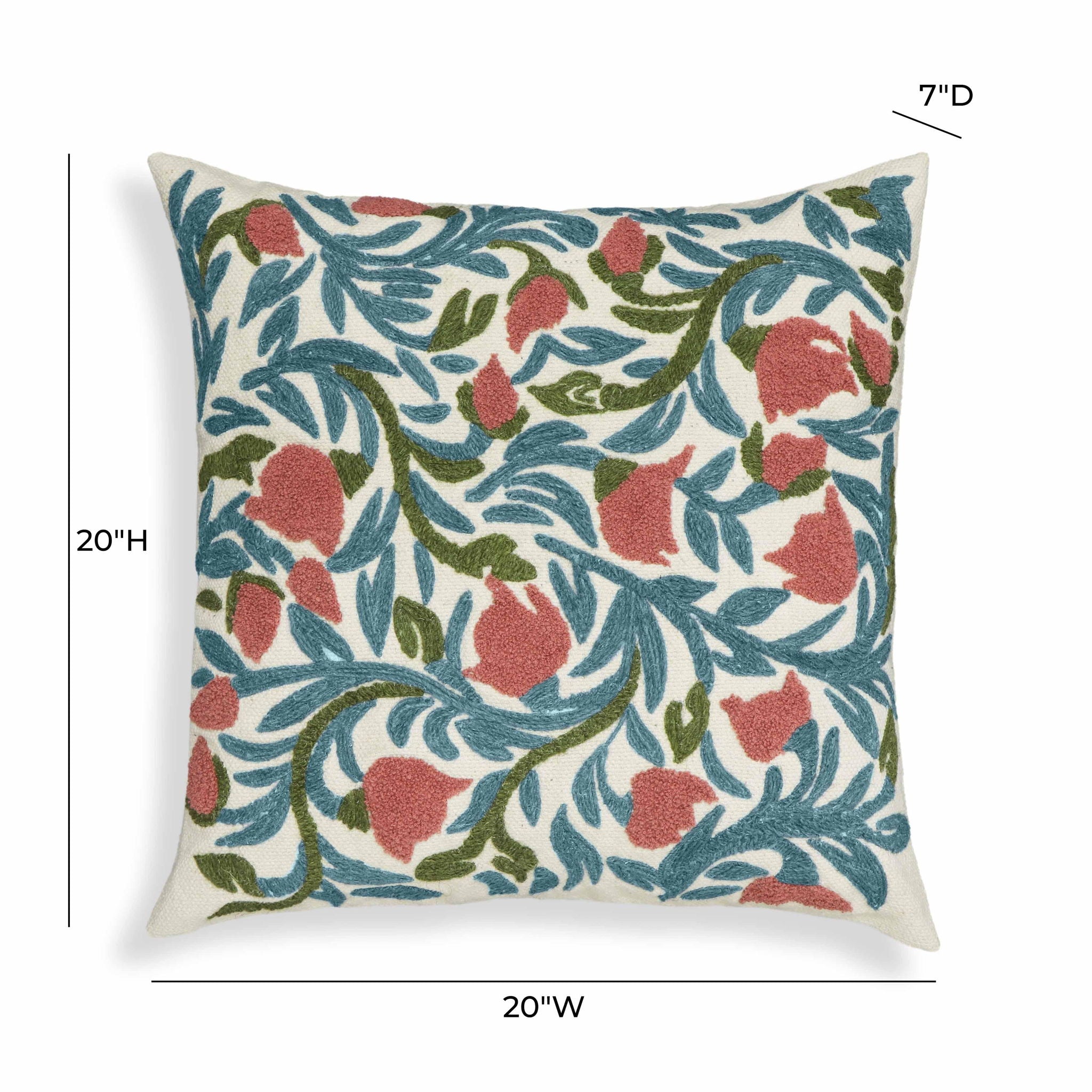 Tulip - Embroidered Floral Wool Square Accent Cushion - Multi