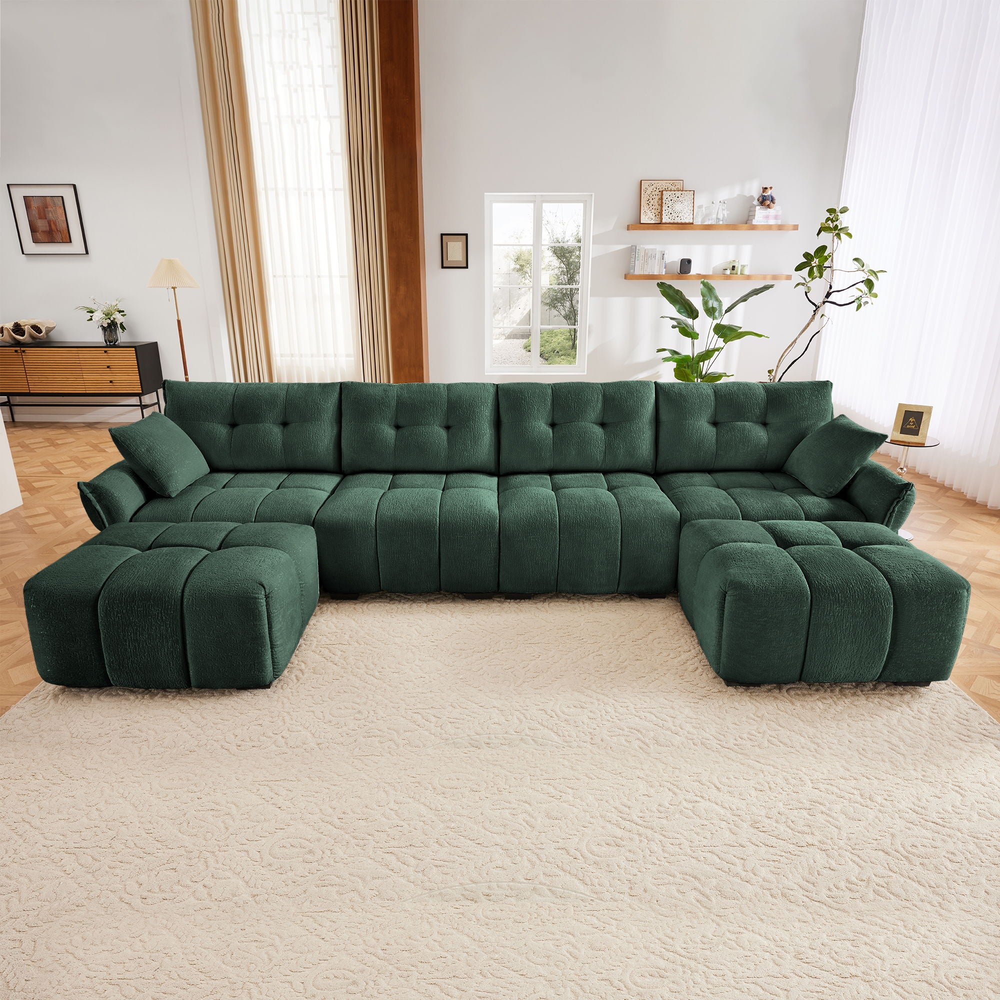 Sofa Set With Ottoman And Pillows, Textured, High Resilience Cushions