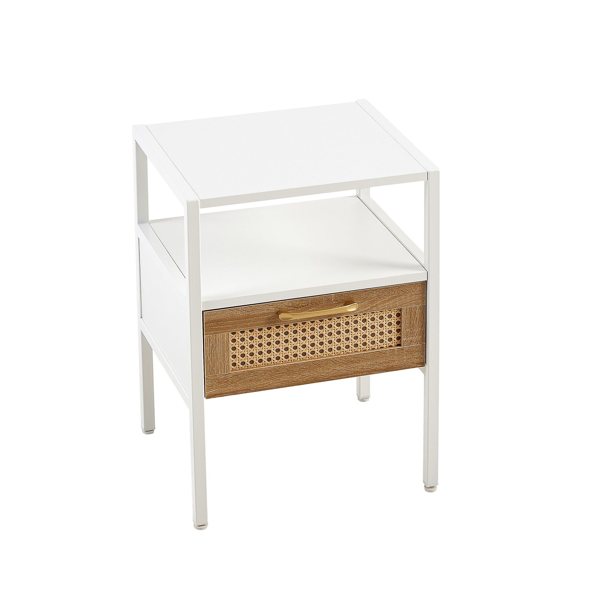 Modern Rattan End Table with Drawer, Metal Legs, 15.75'