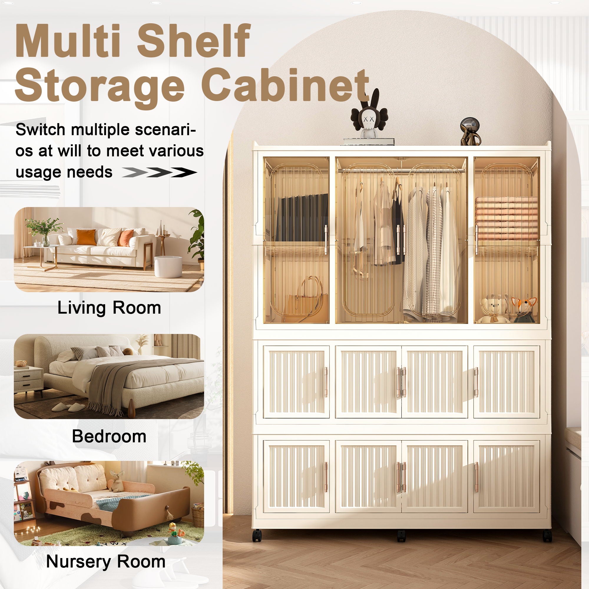 Portable Wardrobe Closet Storage Organizer With 12 Magnetic Doors, 12 Cubes, Hanging Rod & 6 Hangers - Creamy White
