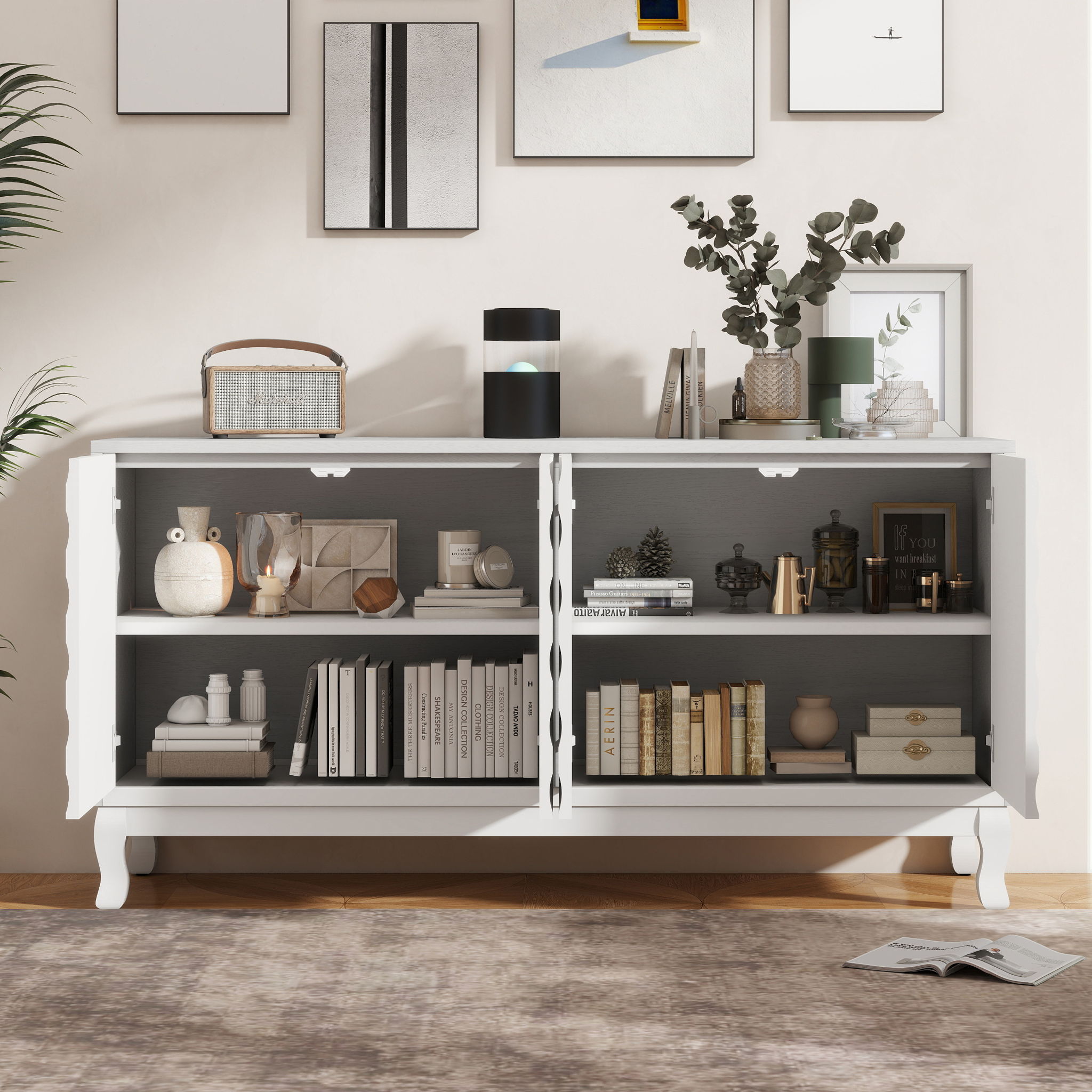 Elegant Sideboard With Sophisticated Wavy Pattern Doors And Arched Groove Design, Adjustable 4 Door Layout