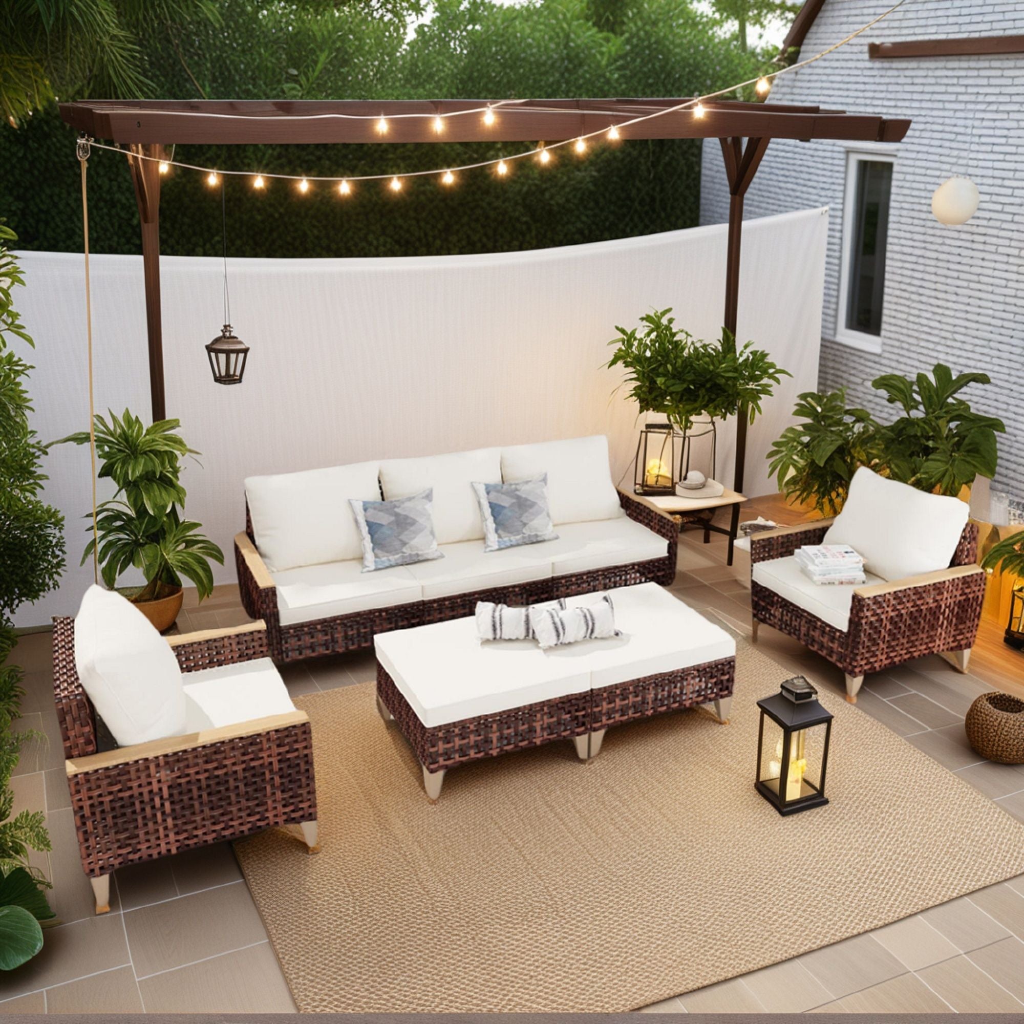 5 Piece Rattan Terrace Furniture Set, 7 Seats Cushions, High Footed Design