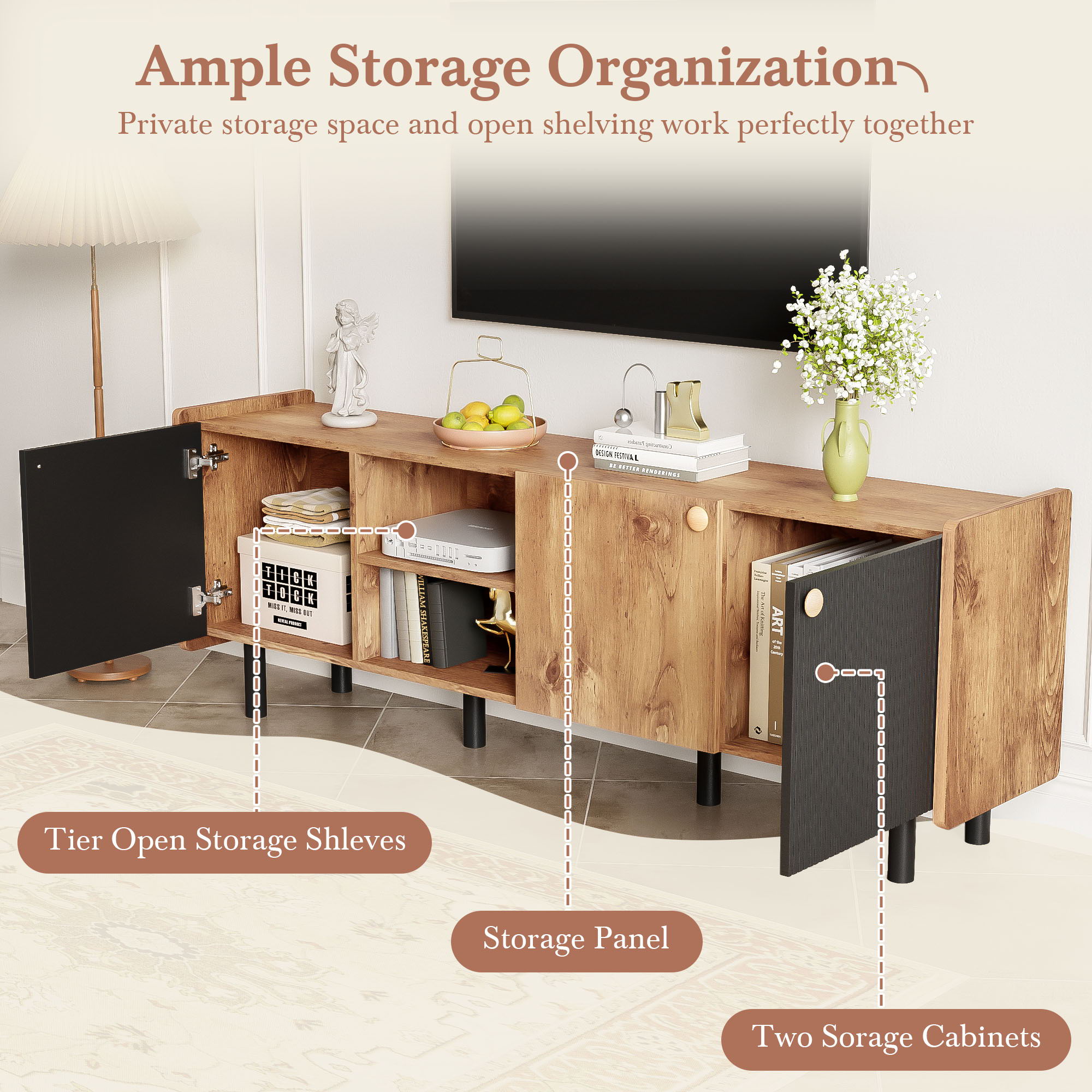 Mid Century TV Stand & 3 Cabinets, Media Console Table For Tvs Up To 70'', Entertainment Center With Storage For Living Room - Black / Brown