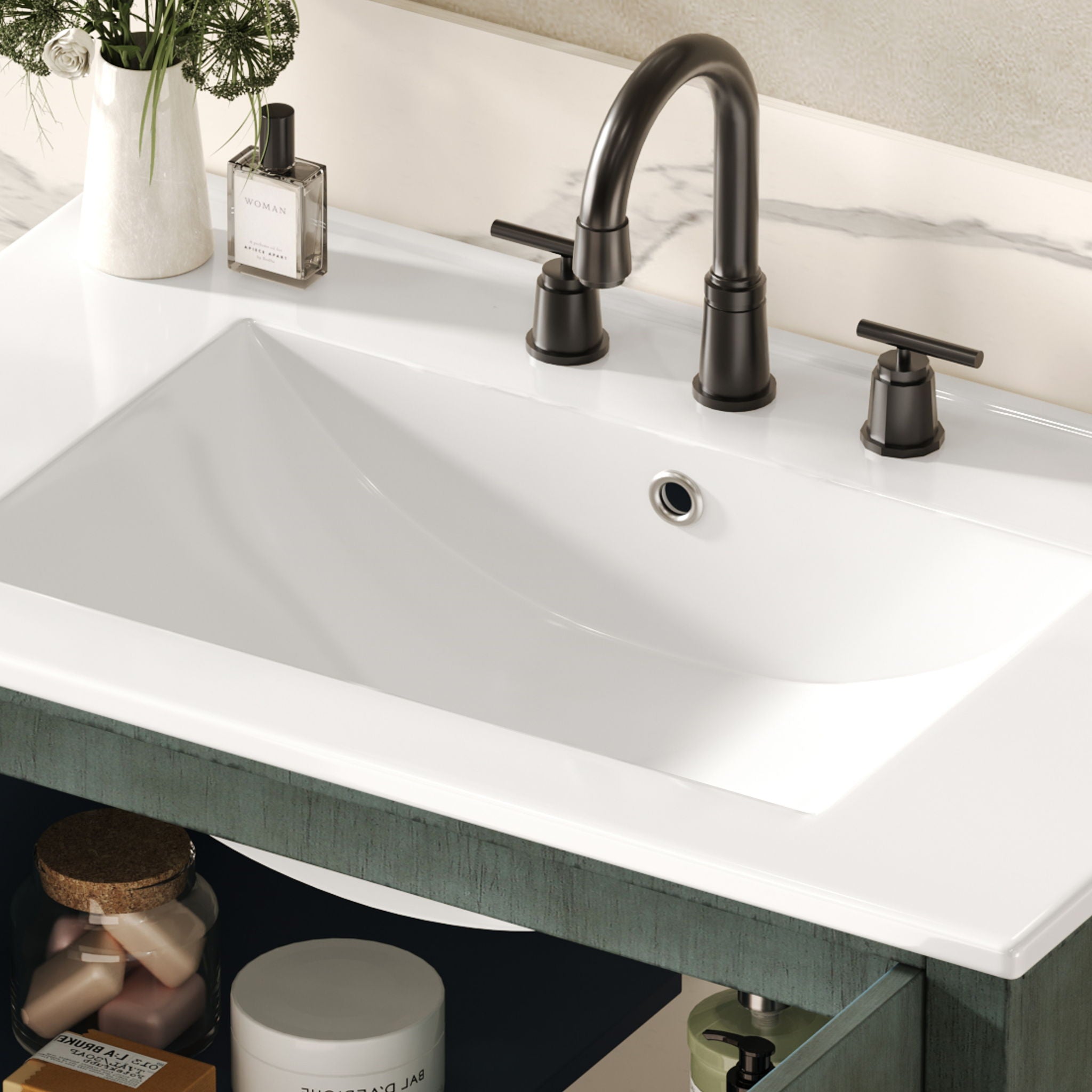 Vintage Bathroom Vanity With Ceramic Sink, Adjustable Shelves