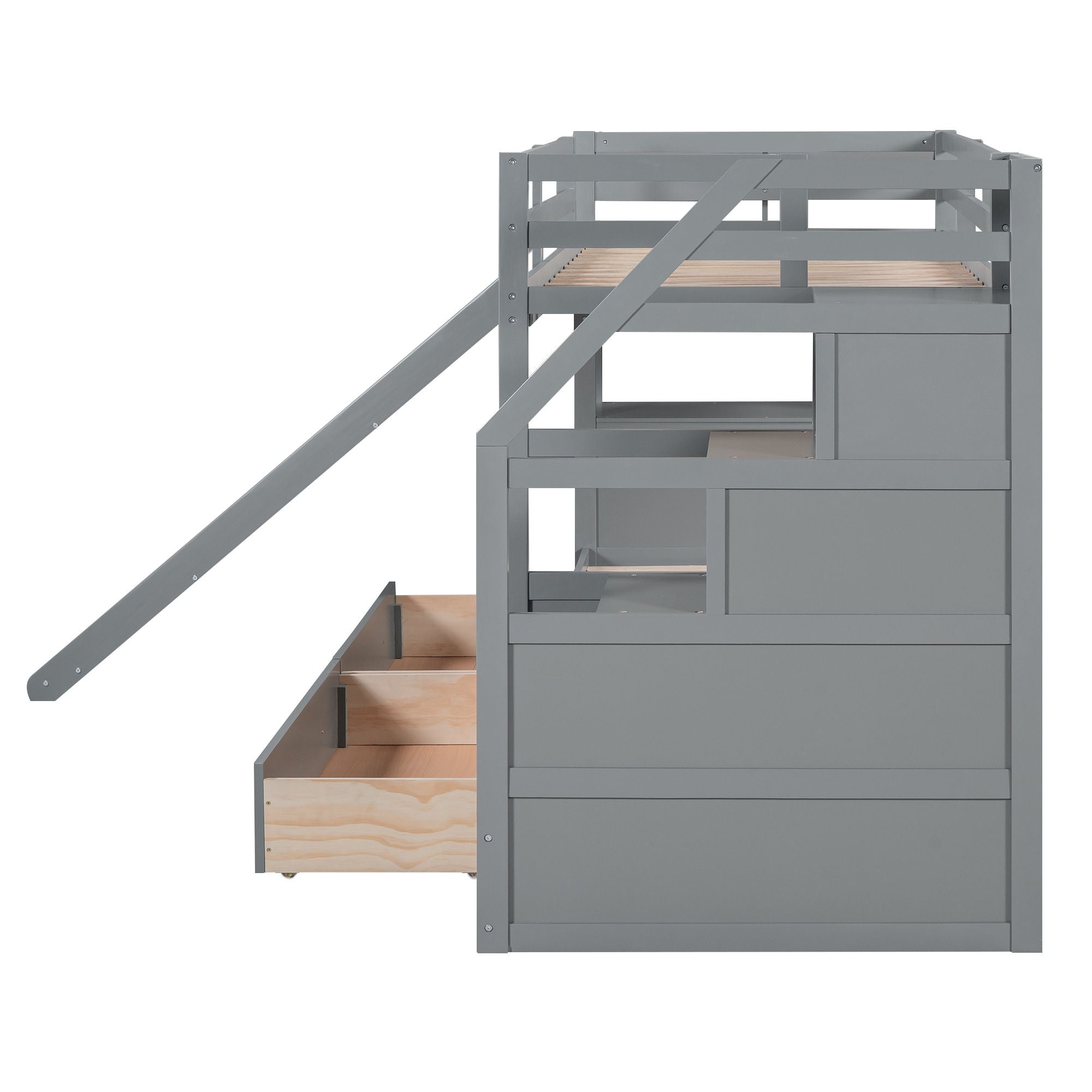 Bunk Bed With Storage Staircase, Slide, Desk, Drawers, And Shelves