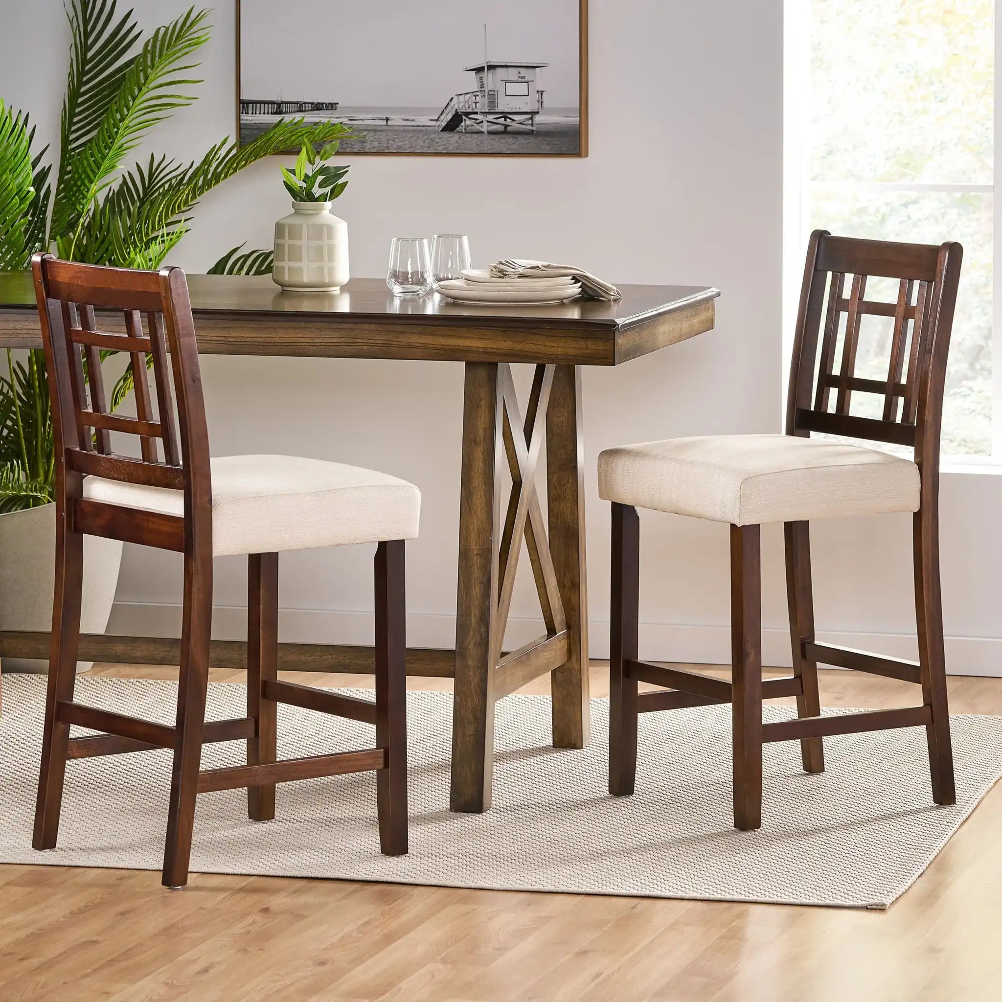 Upholstered Dining Chairs, Modern Dining Room Chairs For Dining Room Kitchen With Acacia Wood Legs (Set of 2) - Mahogany / Beige