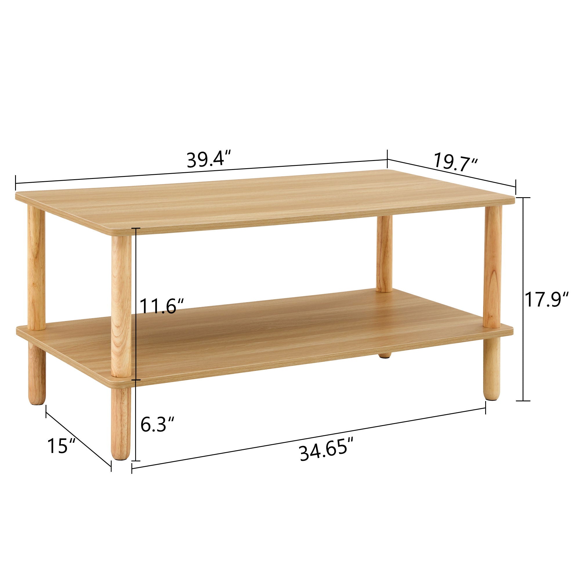 Modern 2 Tier, Rectangular Center Coffee Table With Open Storage Shelf, Rounded Legs