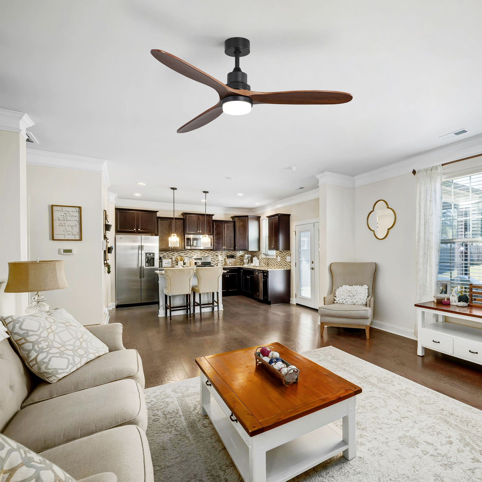 Ceiling Fan With Lights 3 Solid Wood Fan Blade Noiseless Reversible Motor Remote Control - Black