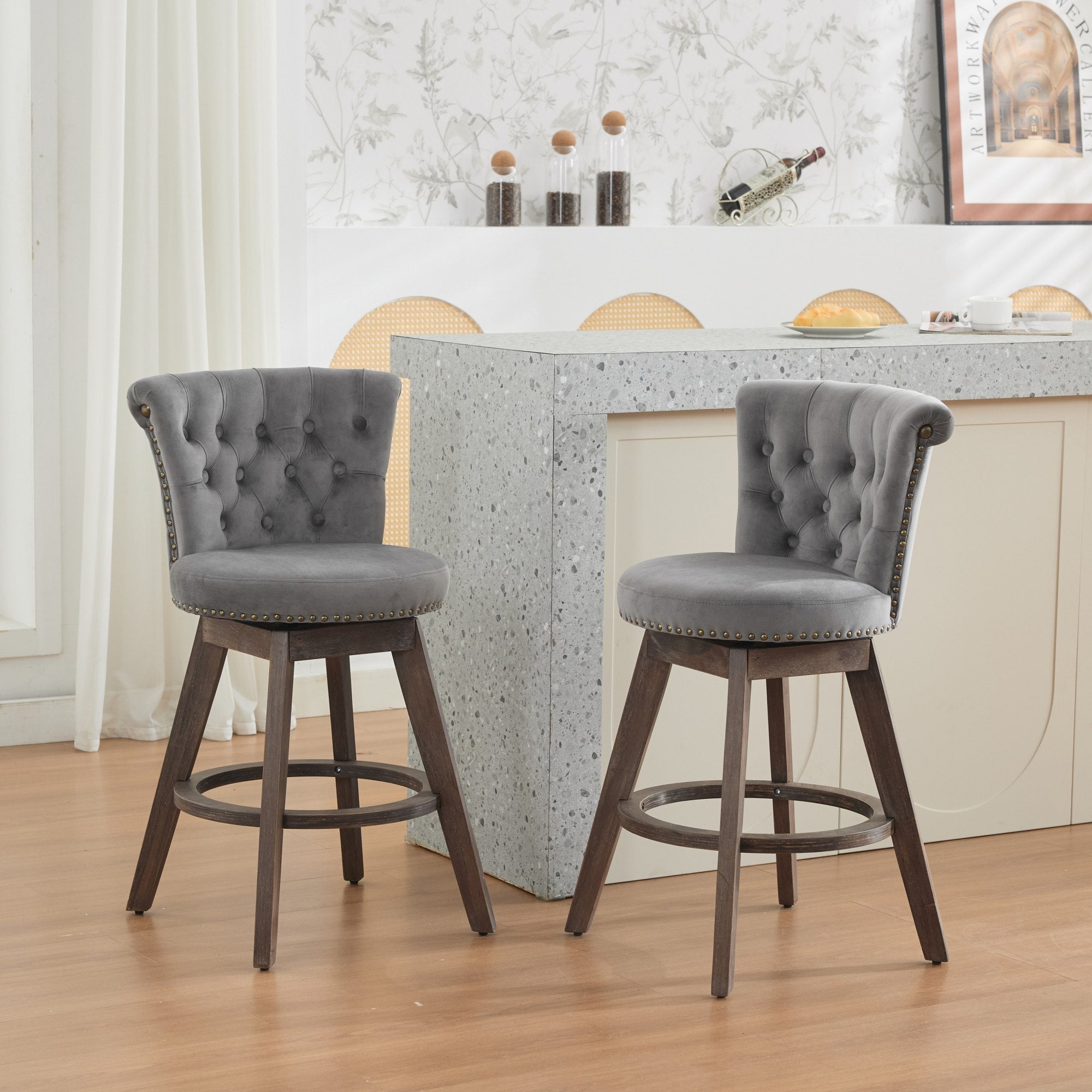 26" Counter Height Bar Stools Set of 2 with 360° Swivel and Velvet Upholstery