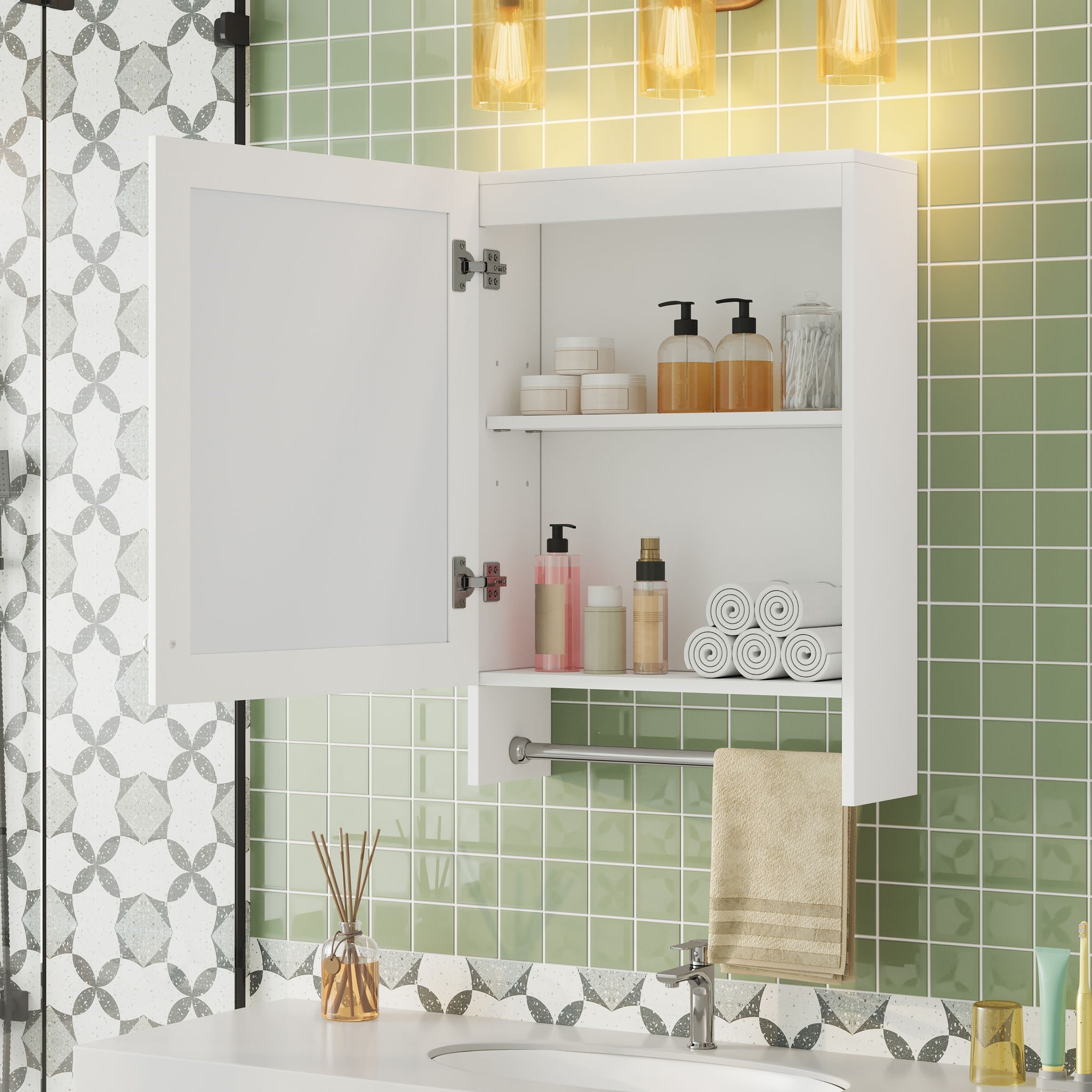 3 In 1 Wall Mounted Bathroom Mirror Cabinet With Adjustable Shelf, Soft Close Door, Mirror & Towel Bar - White