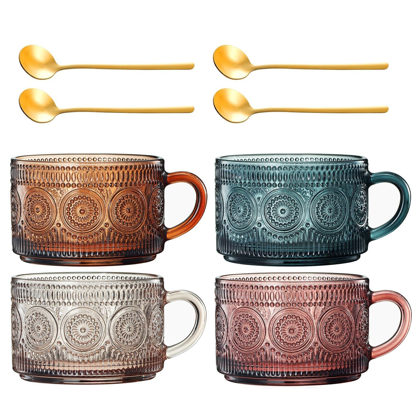 Tonal Hobnail Mug Glassware with Four Gold Spoons, Set of 4
