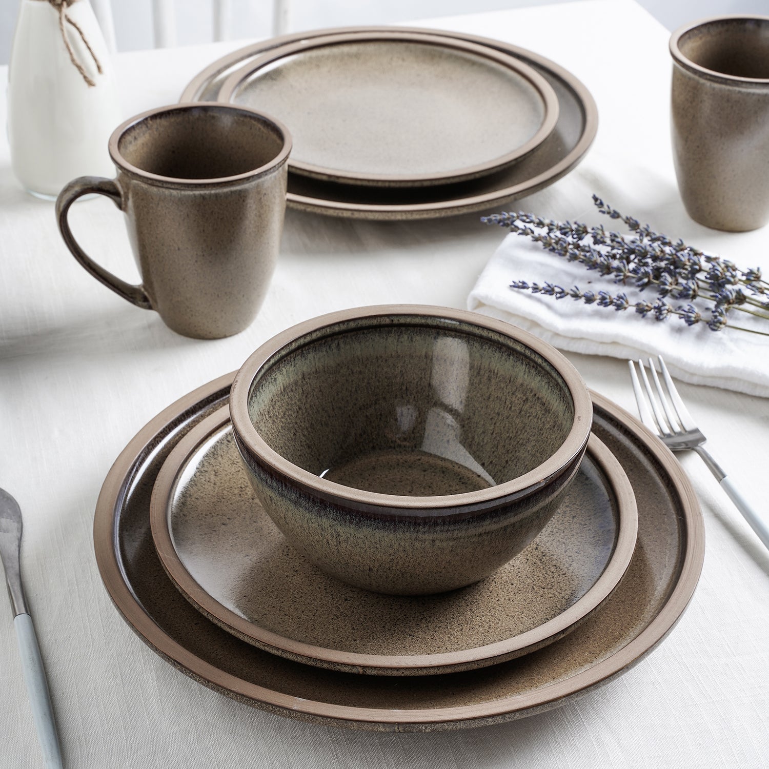 Tina Stoneware Dinnerware Set - Green And Beige