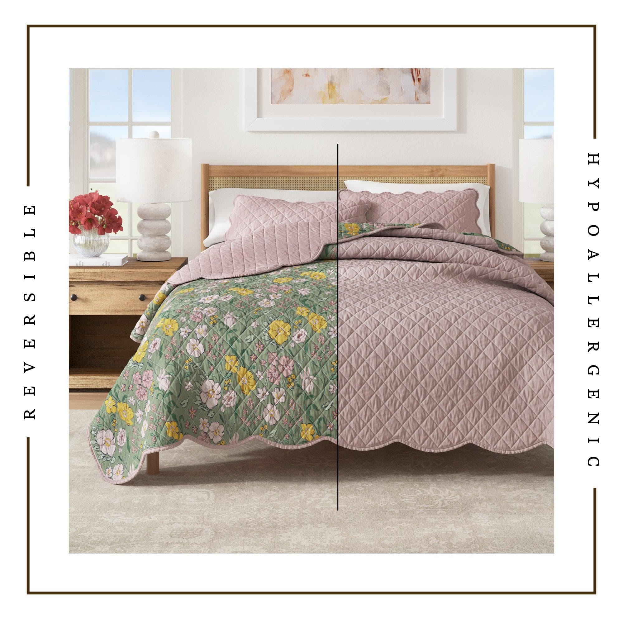 Floral Print & Scalloped Edge Cotton Quilt Set - Gwen Collection - Best Buy Furniture