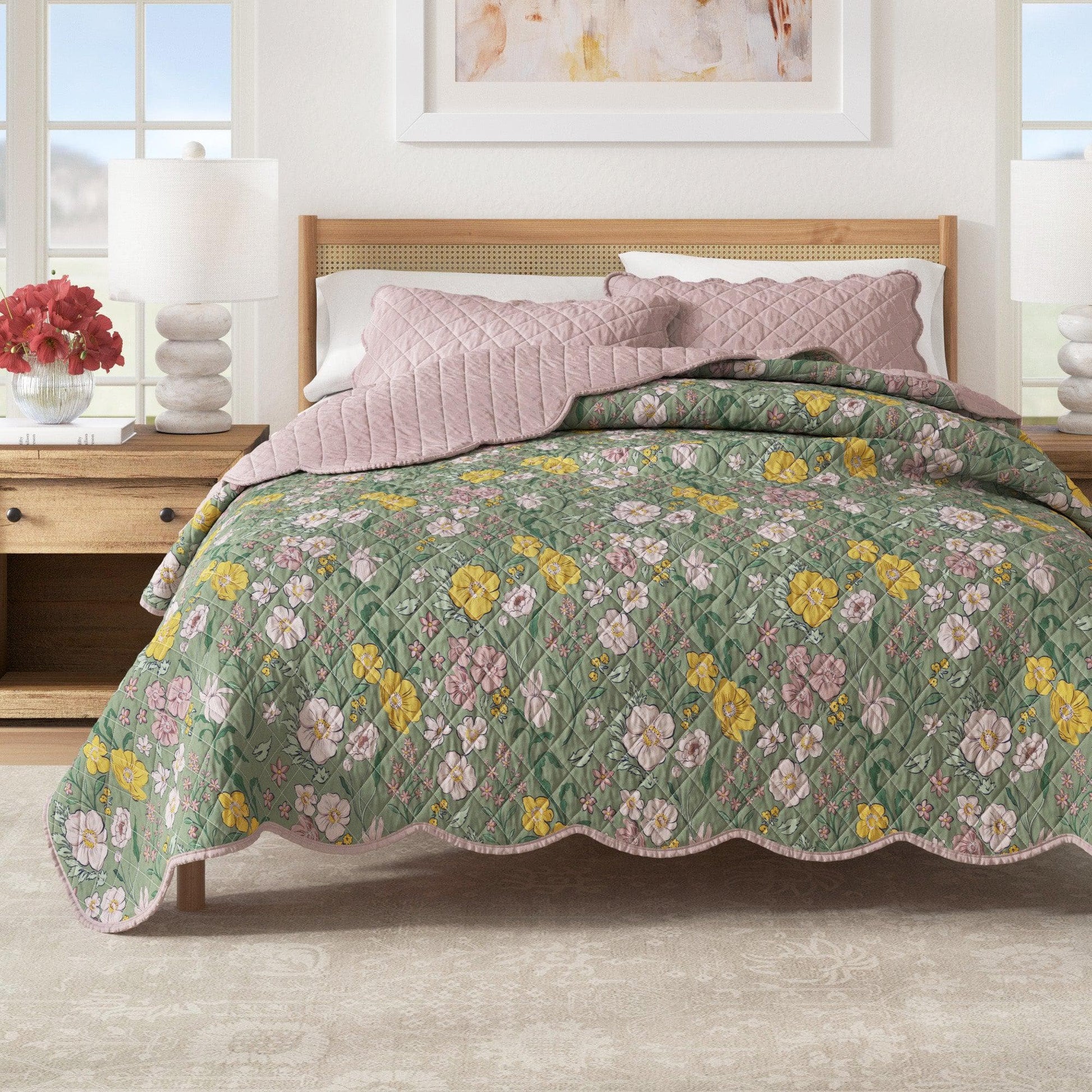 Floral Print & Scalloped Edge Cotton Quilt Set - Gwen Collection - Best Buy Furniture