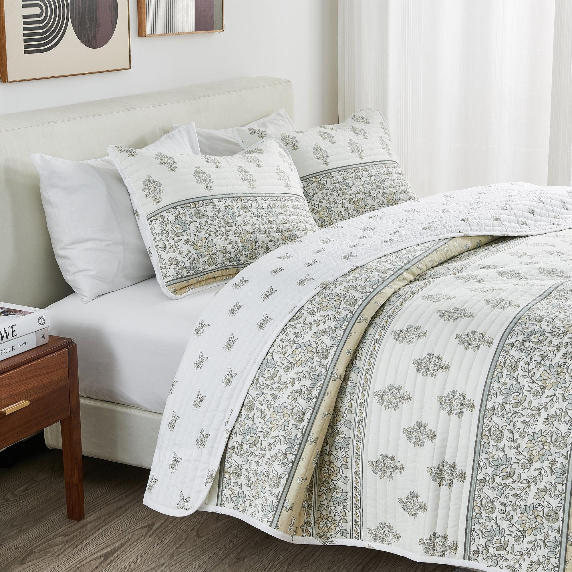 Floral Striped Microfiber Quilt Set - Hermine Collection - Best Buy Furniture
