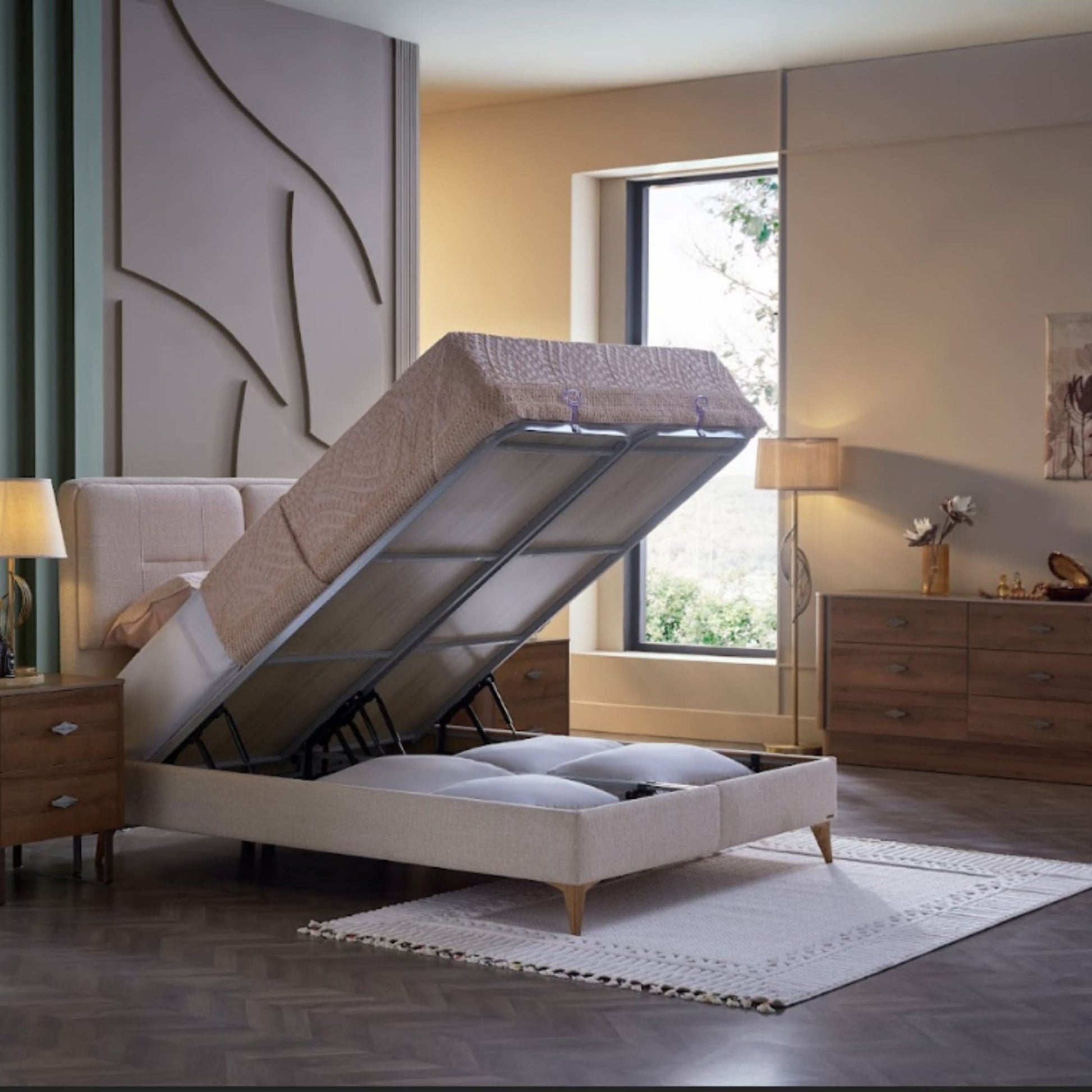 Mirante Cream storage bed with an elegant and soft finish
