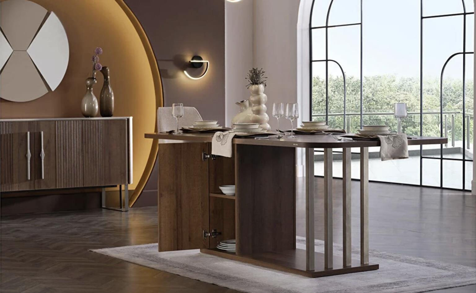 Mirante Dining Room Set featuring a contemporary table, comfortable chairs, and a functional buffet, crafted from high-quality wood.