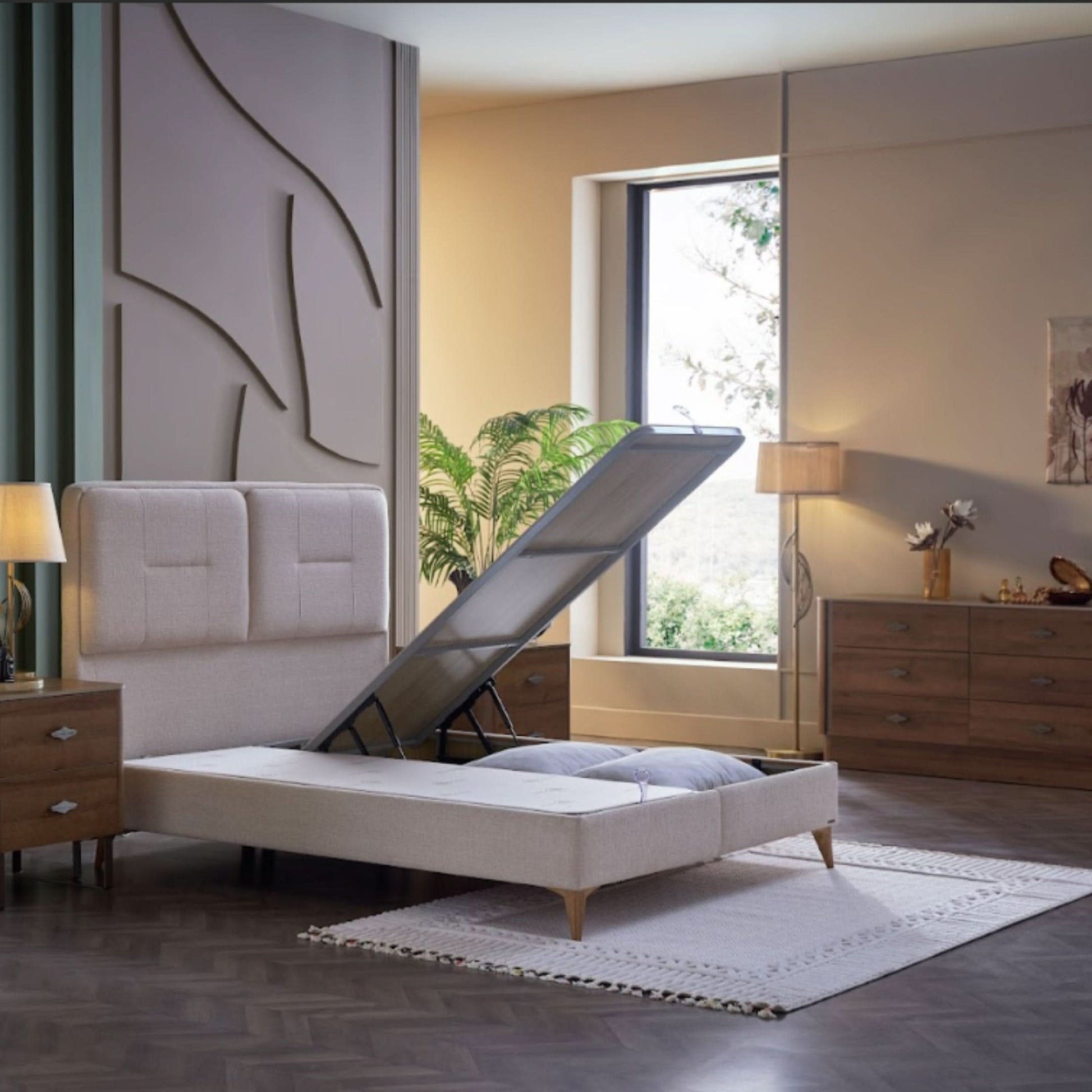 Mirante queen-size bed featuring hidden storage compartments