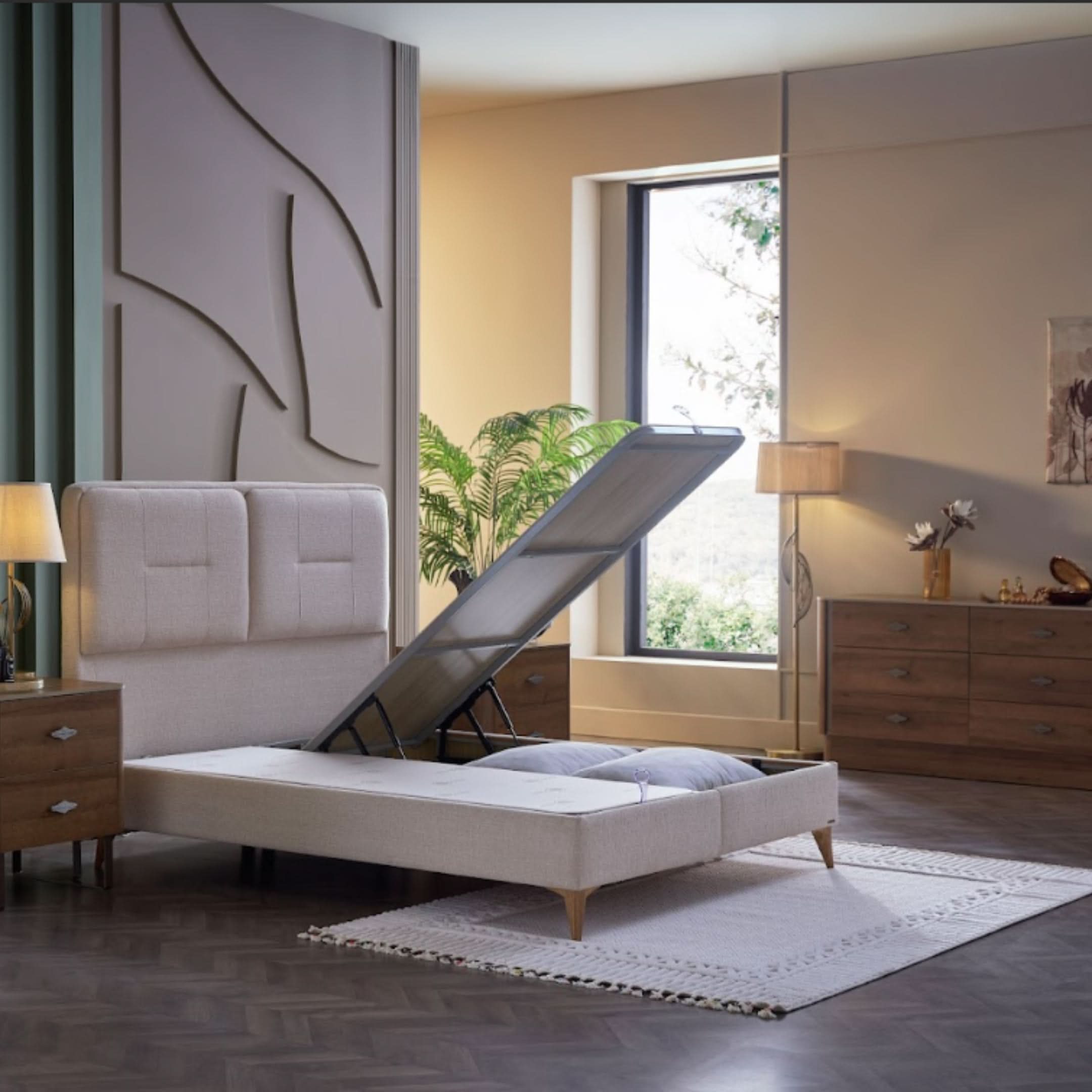 Mirante queen-size bed featuring hidden storage compartments