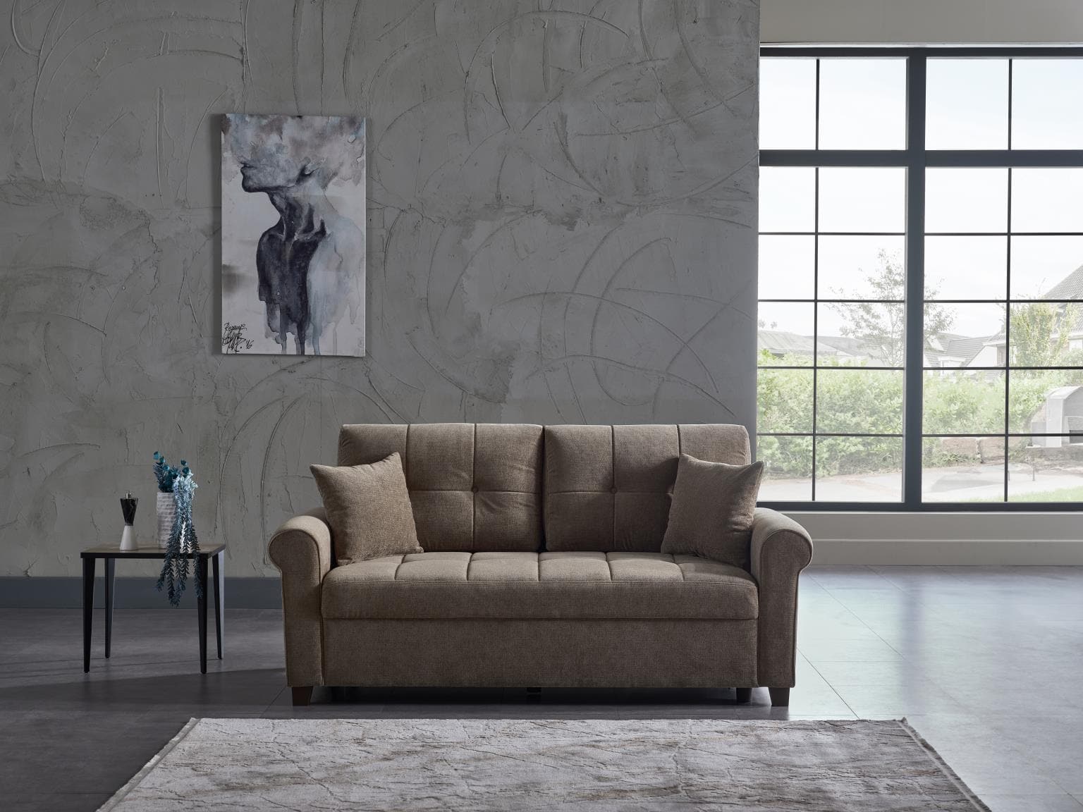 Living room setup with Mocca P Arm Sofa in Koopsi Brown.