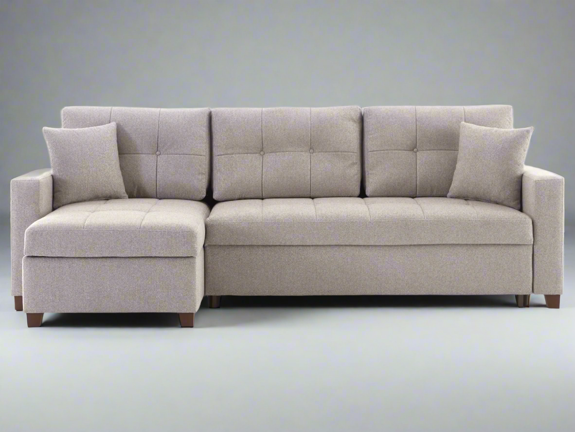Mocca Sectional Sofa with modern design, plush sponge filling, and convertible queen-sized sleeper functionality.