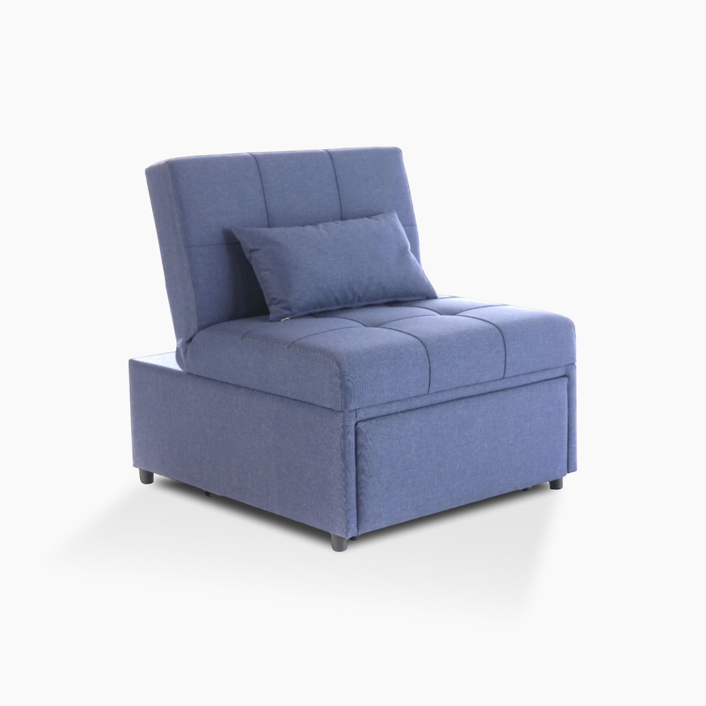 Modern sleeper chair in performance fabric, reclines for lounging and converts to a twin-size bed for guests.
