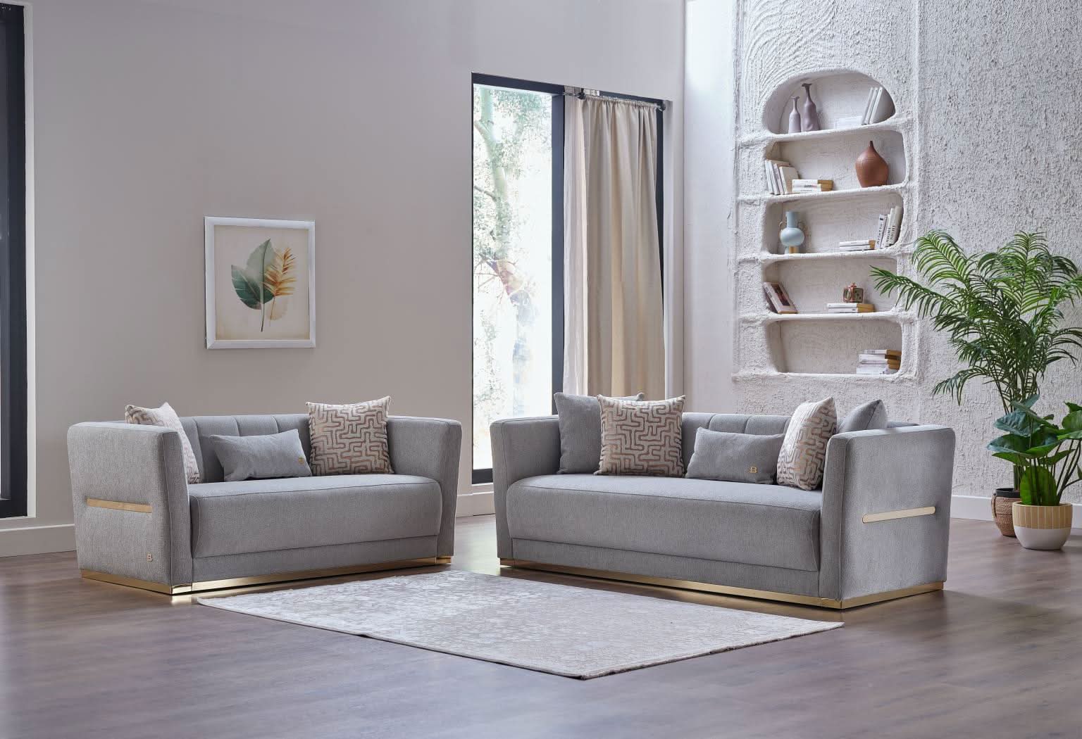 Monroe Sofa Set placed in a minimalist modern living room with neutral decor and wood floors.