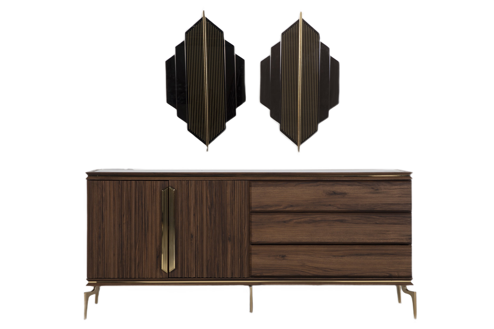Modern Retro Montego Buffet Mirror with stylish earthy tones, gold metal legs, and practical storage, perfect for enhancing your dining area.