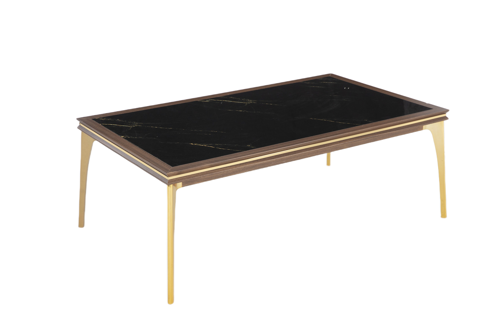 Stylish Montego Coffee Table with a retro silhouette, Montego Walnut finish, and luxurious marble surface with gold accents.