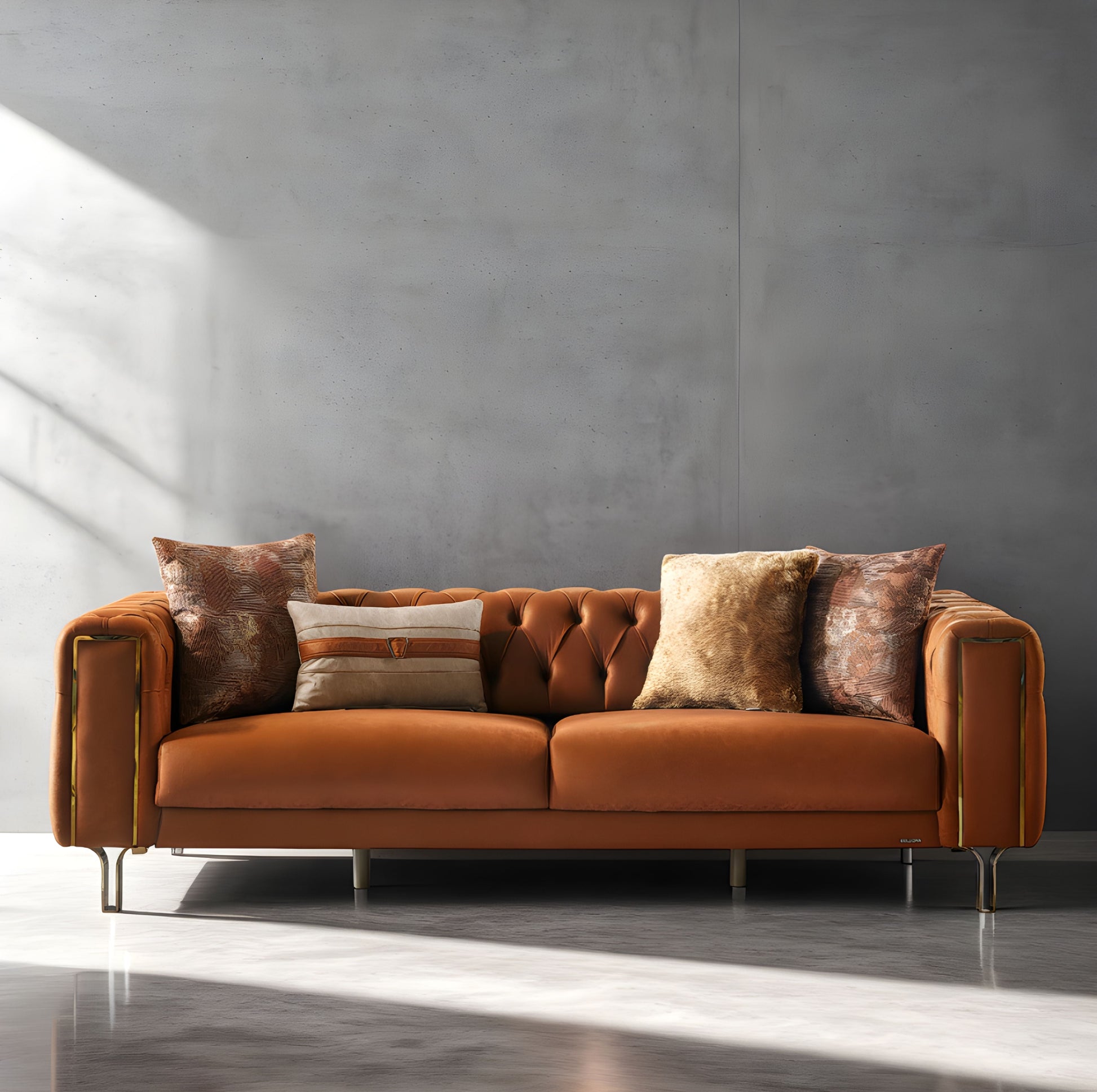 Montego Concept living room set with retro silhouettes, gold accents, and stain-resistant fabric