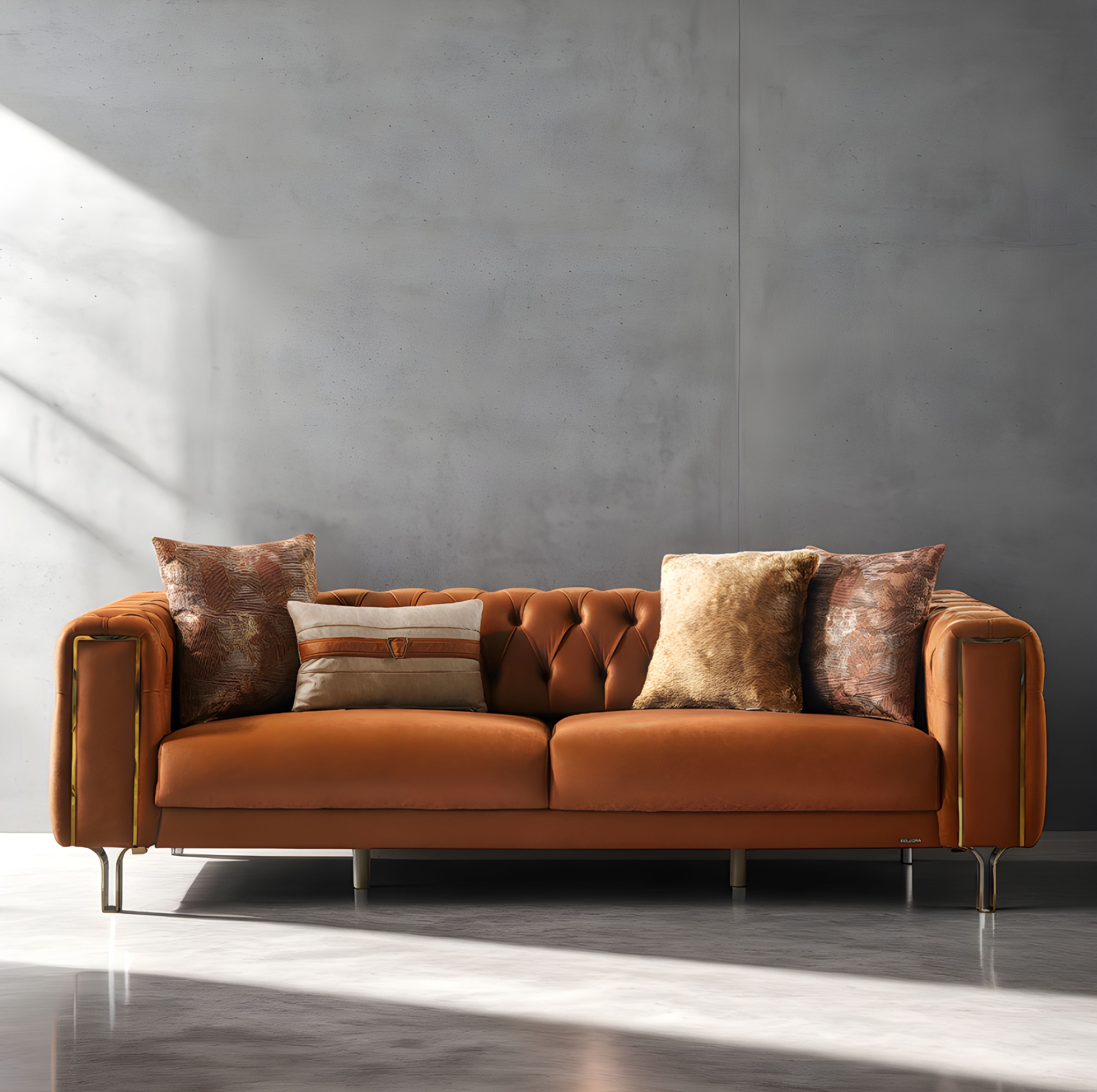 Montego Concept living room set with retro silhouettes, gold accents, and stain-resistant fabric