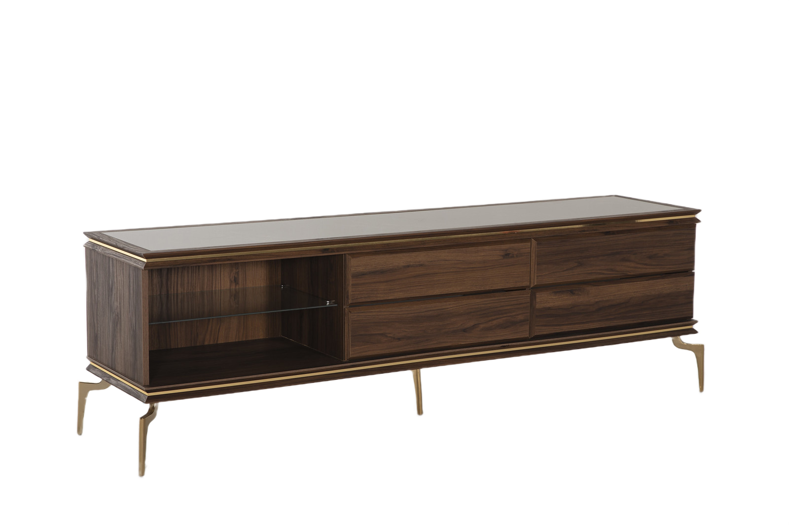 Chic Montego TV Stand with retro silhouette and gold accents. Montego Walnut finish adds elegance and ample storage for your living room.