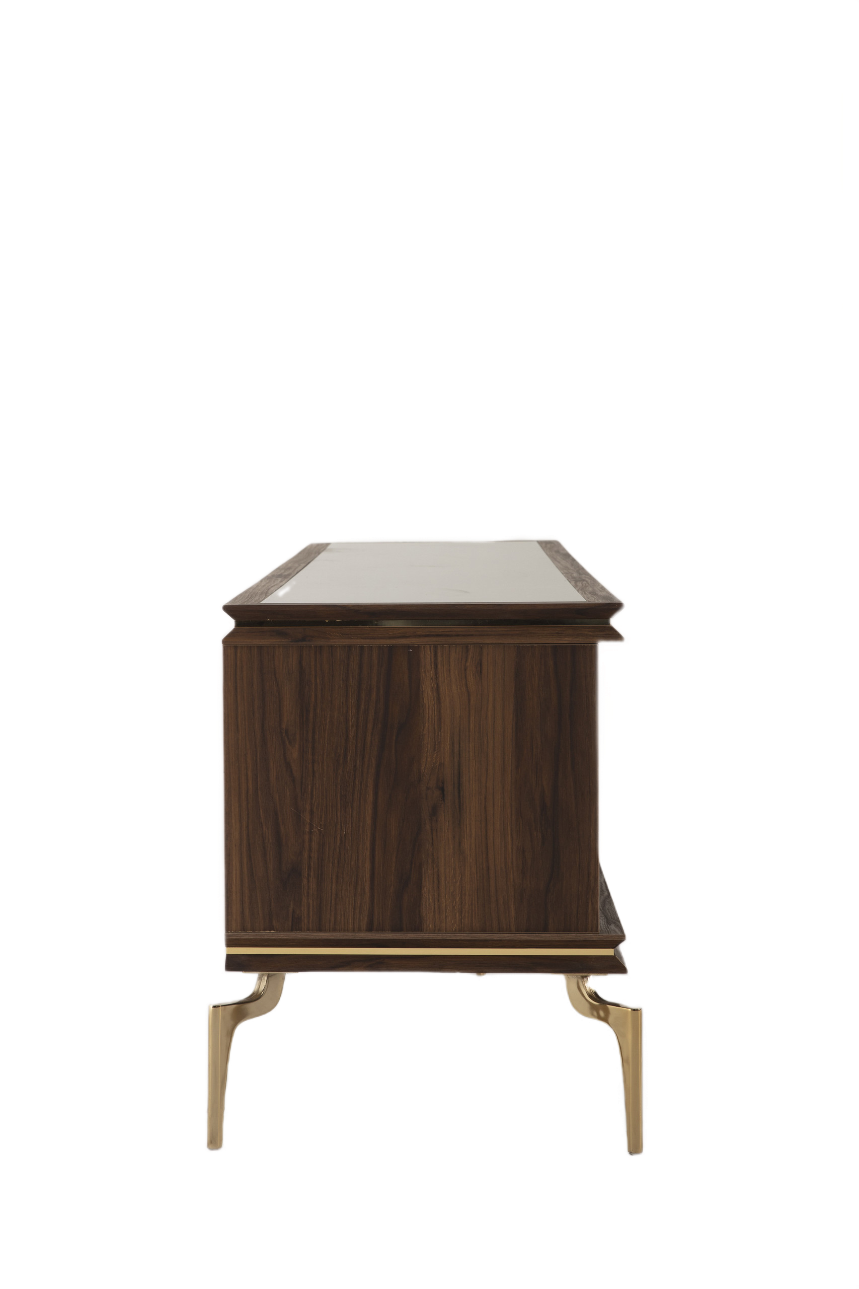 Functional Montego TV Stand with retro design, Montego Walnut finish, and gold accents. Combines luxury with practical storage.