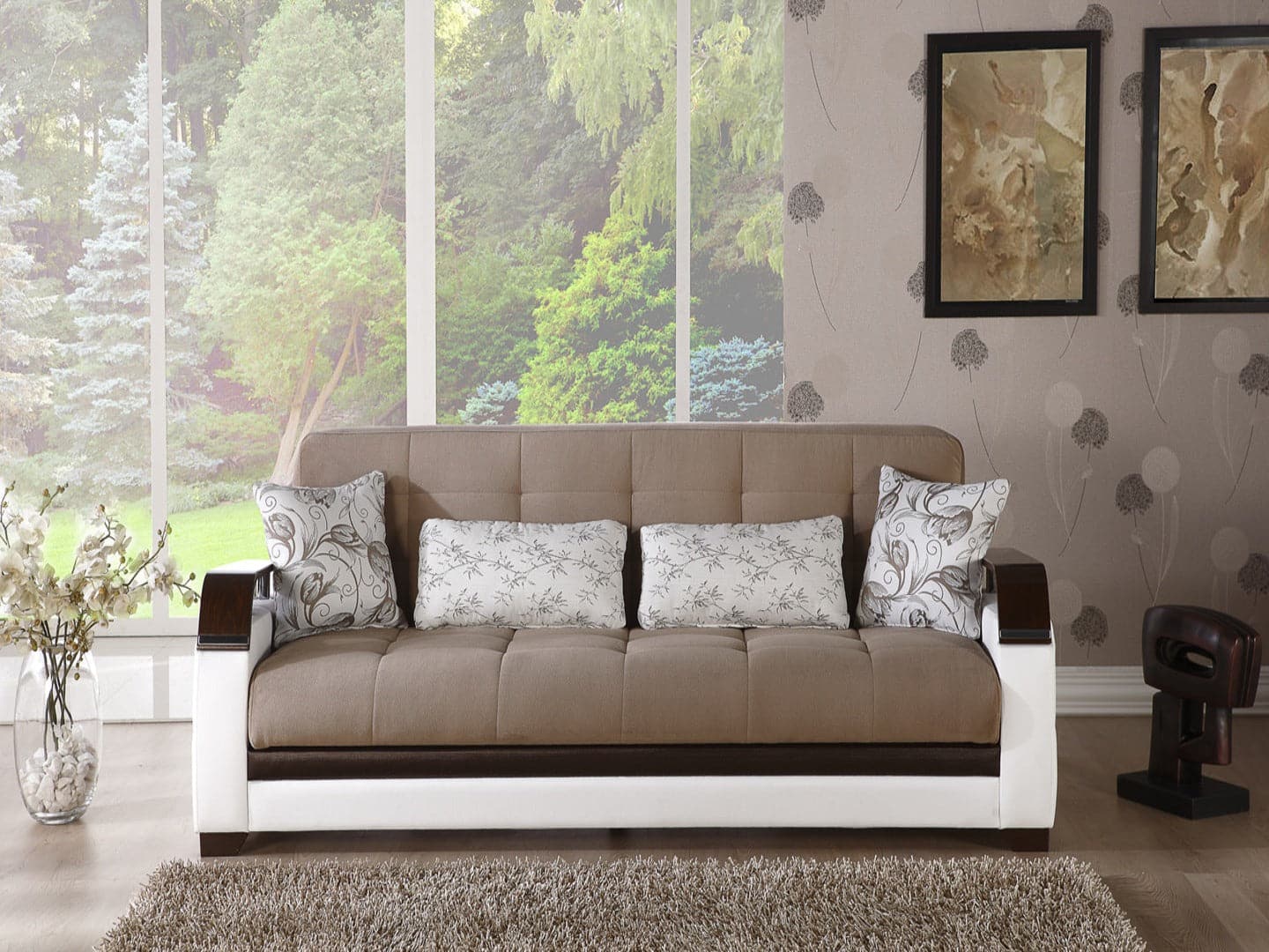 Natural Collection armchair with velvety fabric and polished wood armrests. Sleek design with chrome detailing and built-in storage.